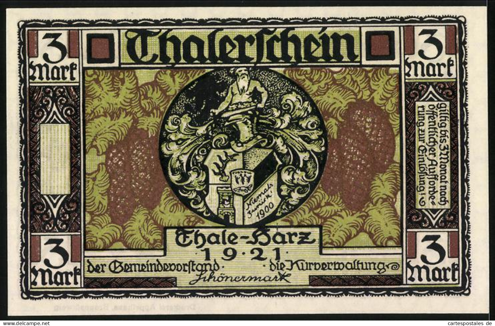 Notgeld Thale /Harz 1921, 3 Mark, Riese Mit Langen Bart Und Grosser Keule  - [11] Emissions Locales