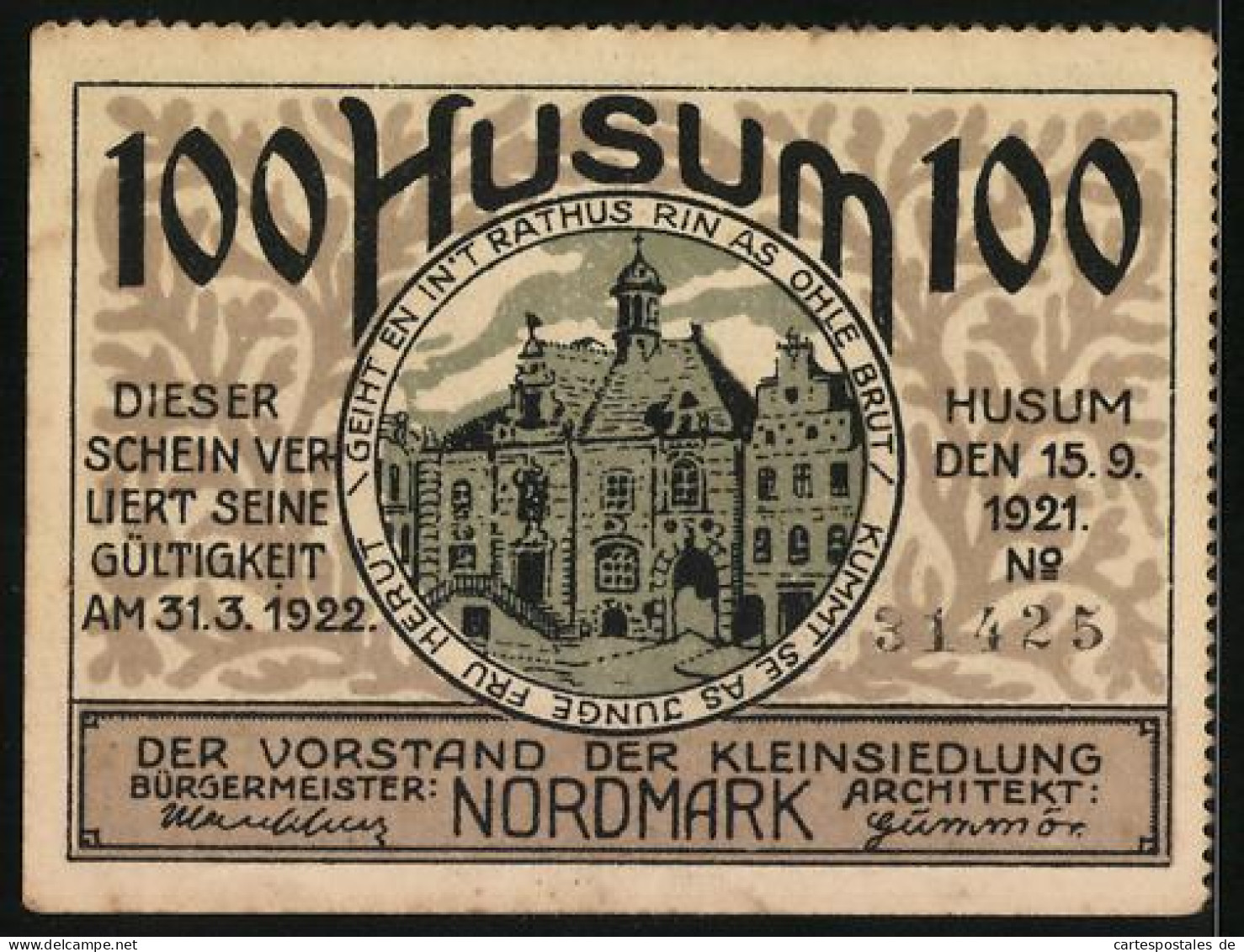 Notgeld Husum 1921, 100 Pfennig, Partie Am Bauernhaus, Rathaus  - [11] Emissions Locales