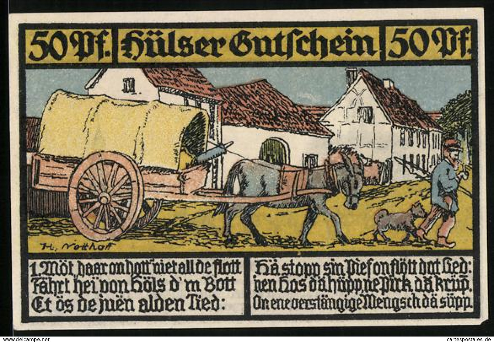 Notgeld Hüls Bei Krefeld 1921, 50 Pfennig, Mann Mit Seinem Vom Esel Gezogenen Wagen  - [11] Emissions Locales