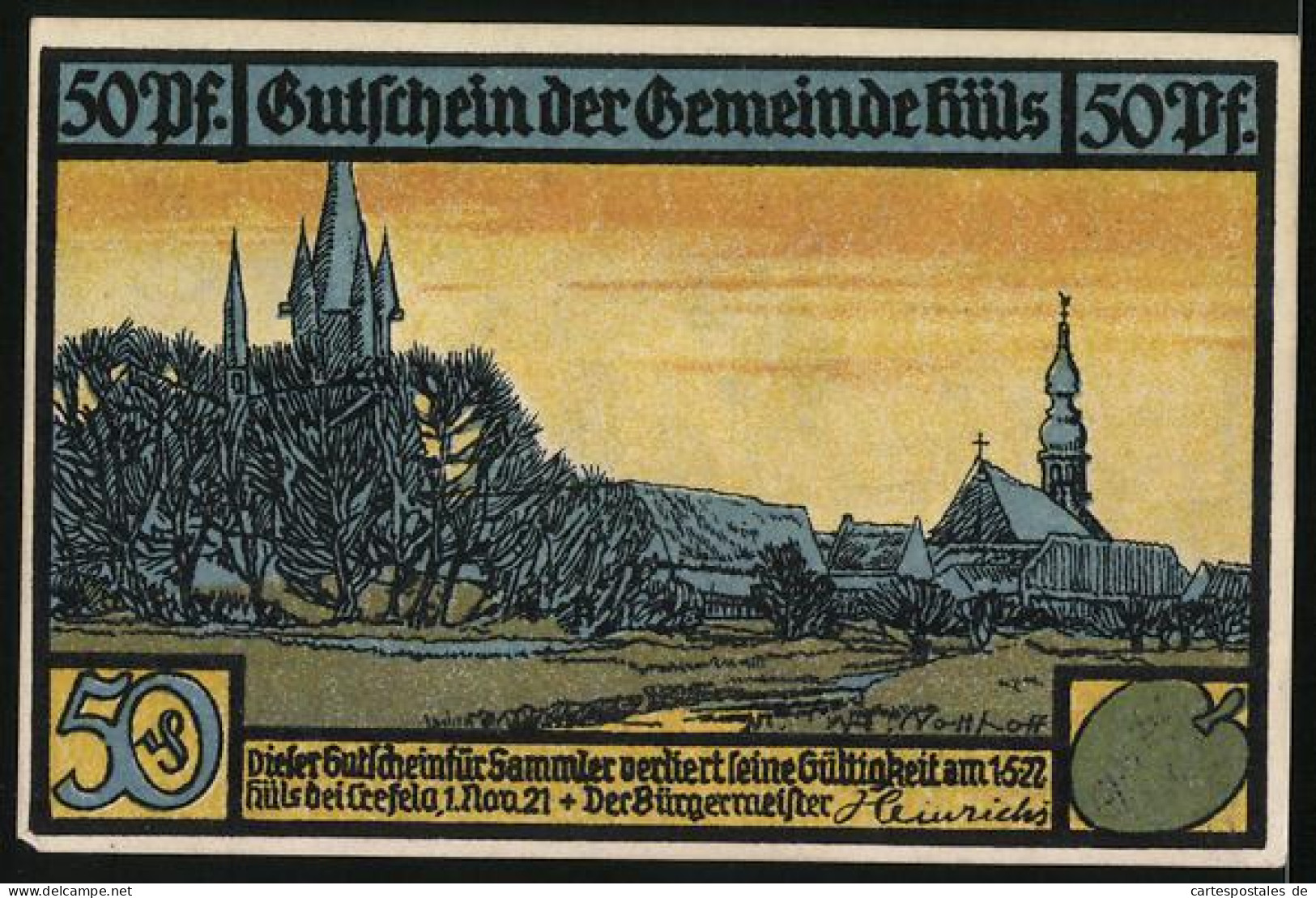 Notgeld Hüls Bei Krefeld 1921, 50 Pfennig, Mann Mit Seinem Vom Esel Gezogenen Wagen  - [11] Emissions Locales