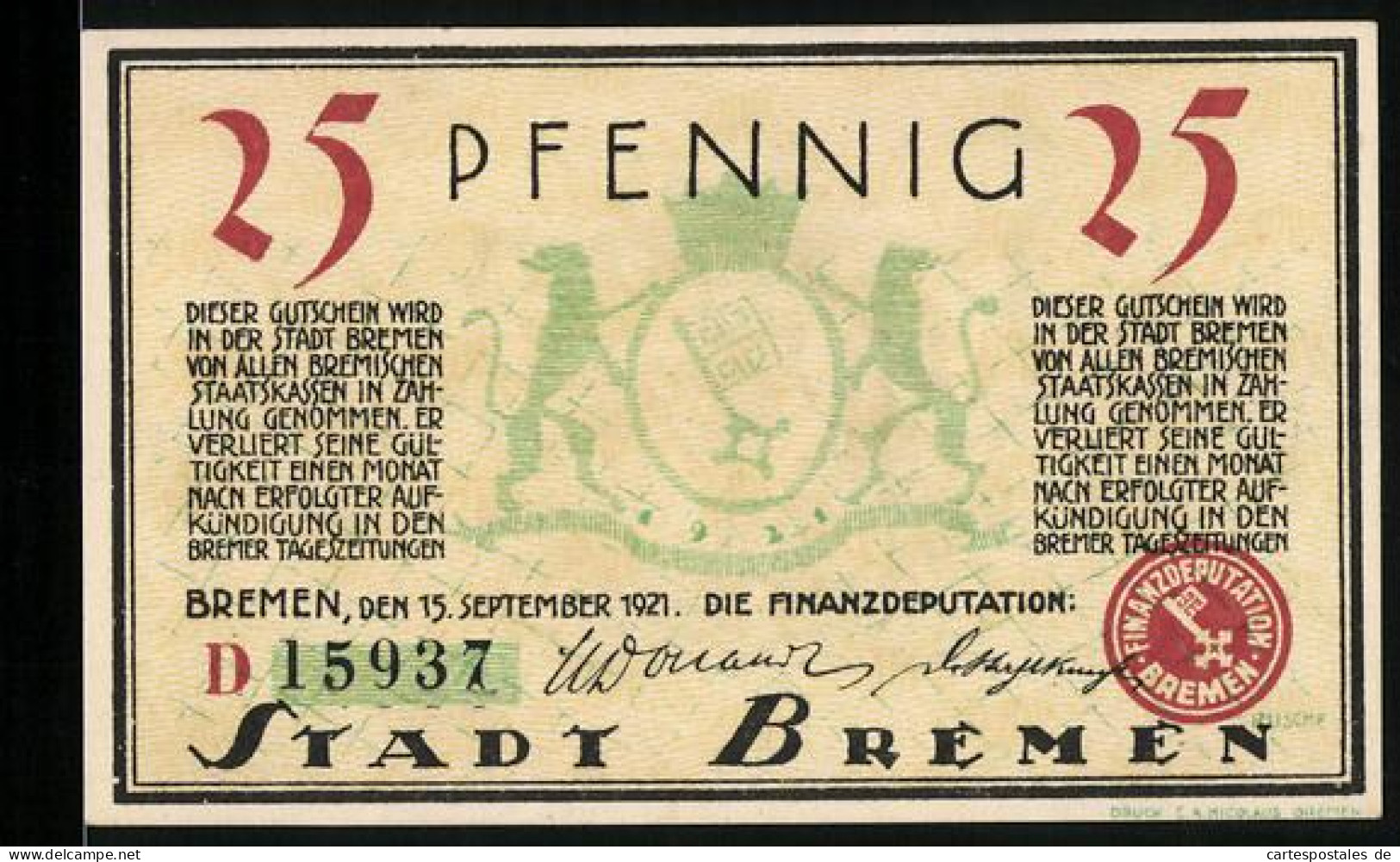 Notgeld Bremen 1921, 25 Pfennig, Am Alten Domshof  - [11] Emissions Locales