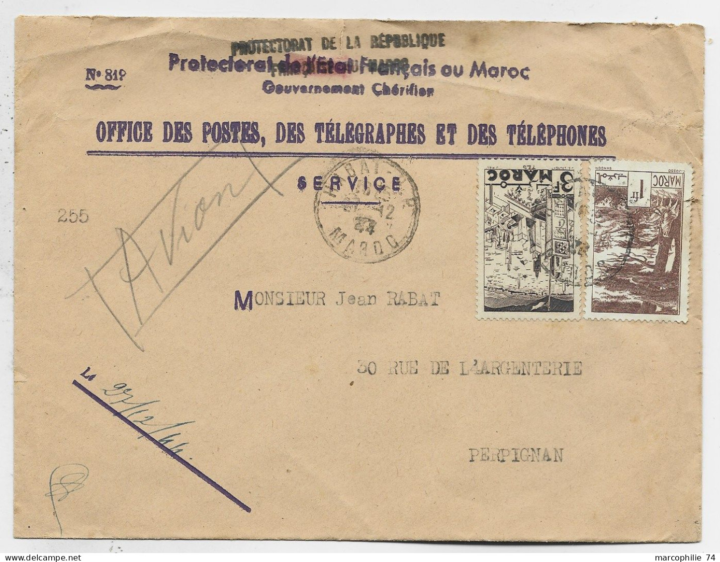 MAROC 1FR+3FR LETTRE AVION SERVICE PTT RABAT 27.12.1944 POUR PERPIGNAN - Storia Postale