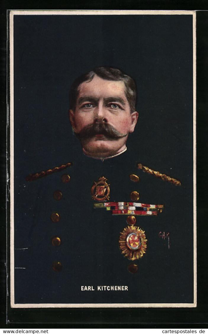 Künstler-AK Heerführer Earl Kitchener In Uniform Mit Orden Und Schnurrbart  - Guerre 1914-18