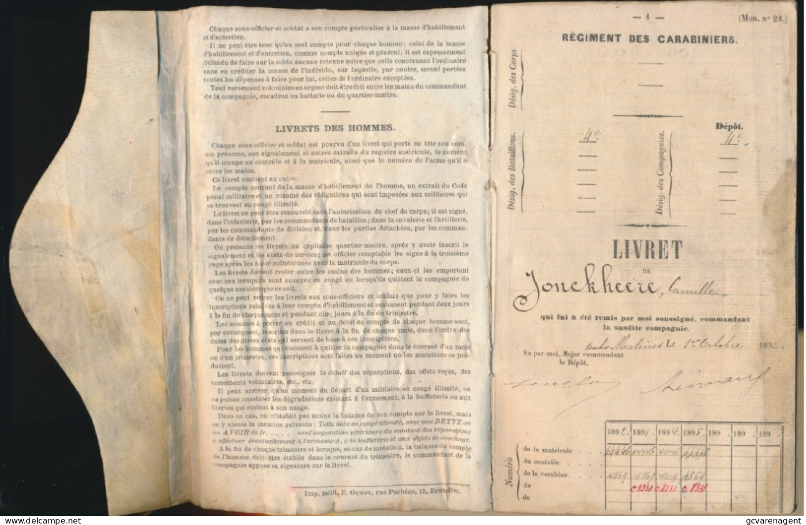 LIVRET DE MOBILISATION 1892 REGIMENT DES CARABINIERS  JONCKHEERE CAMILLE  - BON ETAT.   VOIR IMAGES - Documenti