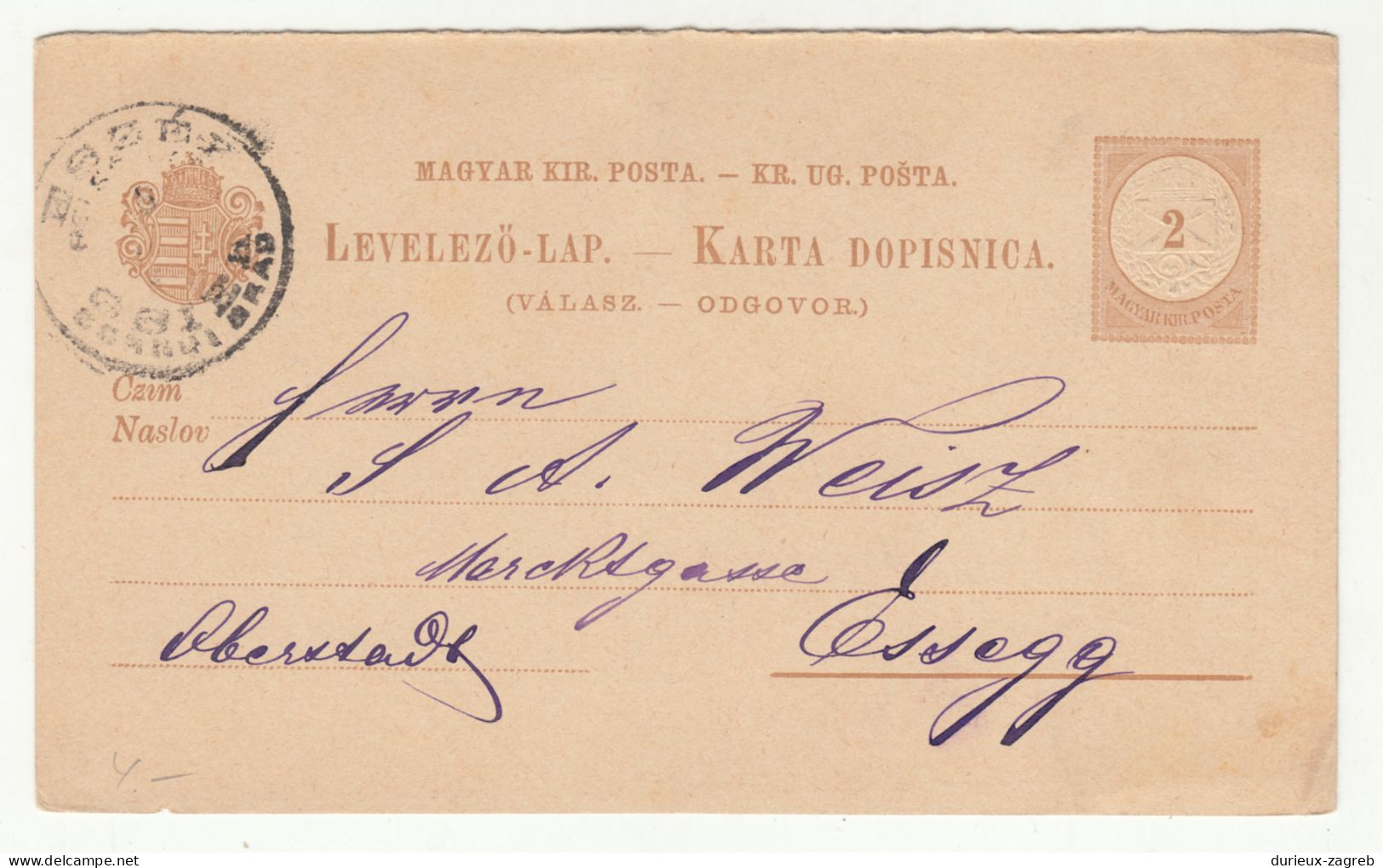 Hungary Croatia ONLY REPLY PART Of Postal Stationery Postal Card Levelezőlap Dopisnica Essek Osijek Pmk B240401 - Croatia