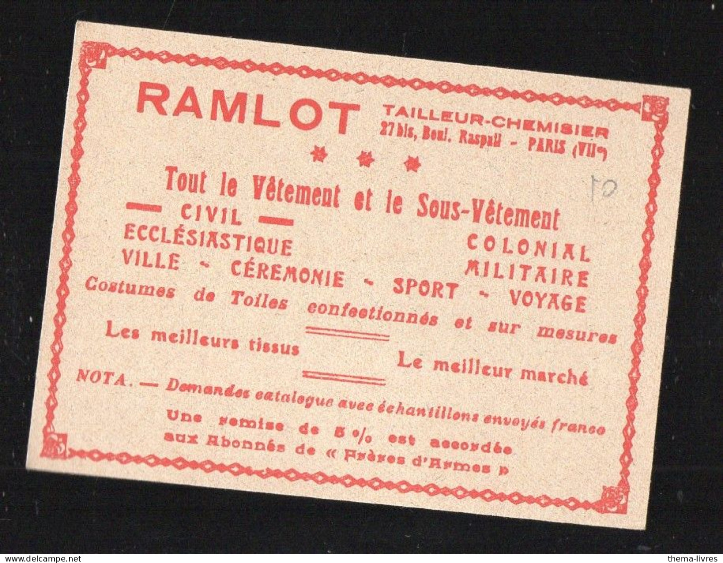 Paris :  Bd Raspail.... Carte Commerciale RAMLOT  Tailleur-chemisier...(PPP47294) - Werbung