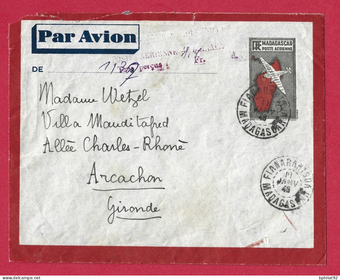 !!! MADAGASCAR, LETTRE PAR AVION DE FIANARANTSOA POUR LA FRANCE DE 1948 AVEC SURTAXE AÉRIENNE PAYÉE EN NUMÉRAIRE - Luftpost