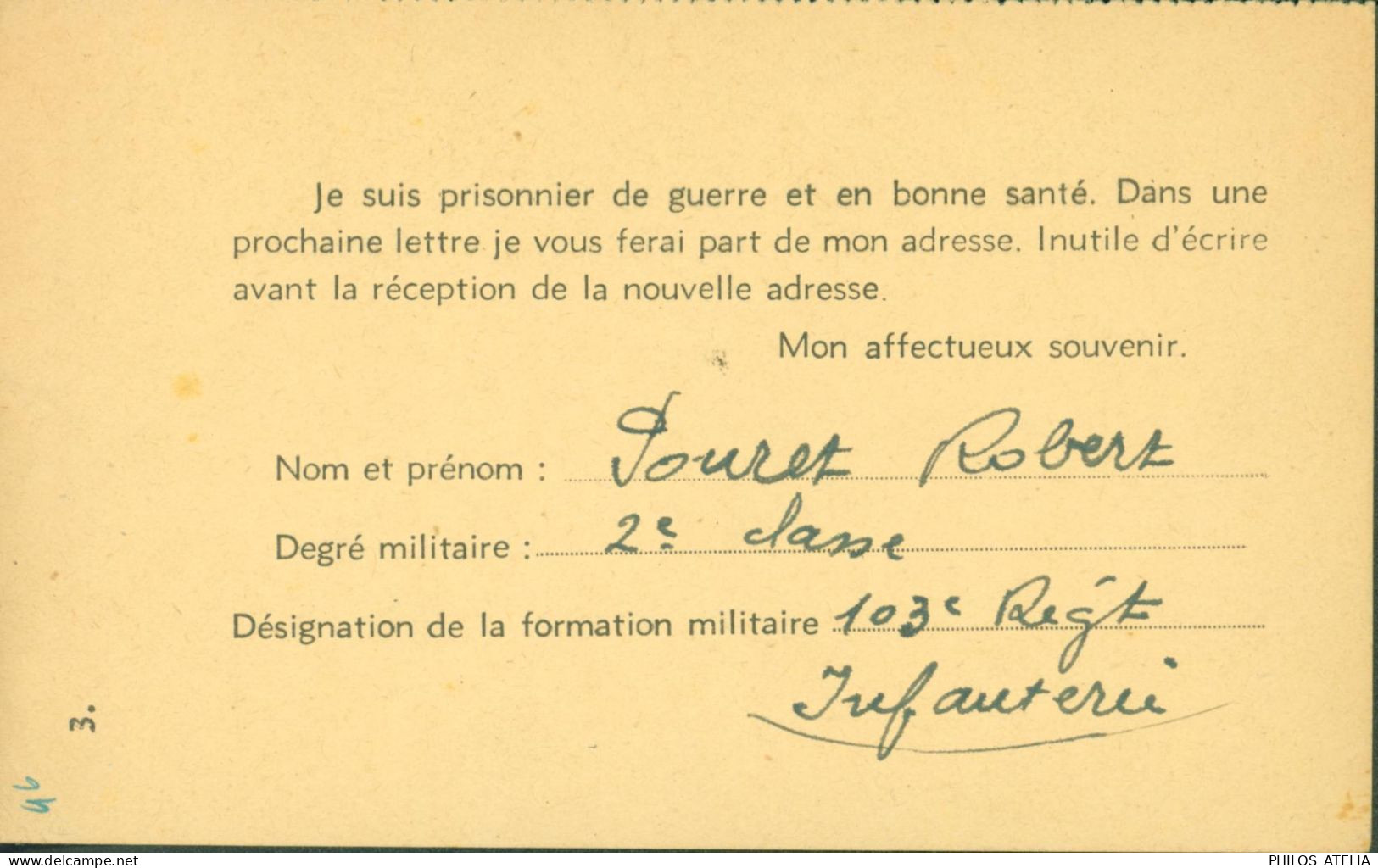 Guerre 40 Carte Postale En FM Franchise Militaire Envoi Prisonnier Avis De Capture Avant Envoi Stalag Cachet Wehrmacht - Oorlog 1939-45