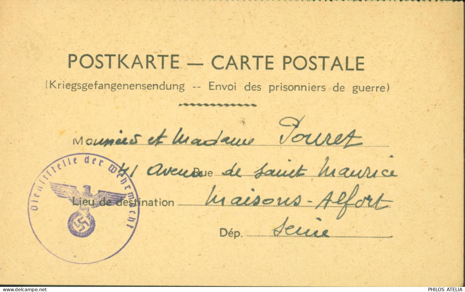 Guerre 40 Carte Postale En FM Franchise Militaire Envoi Prisonnier Avis De Capture Avant Envoi Stalag Cachet Wehrmacht - WW II