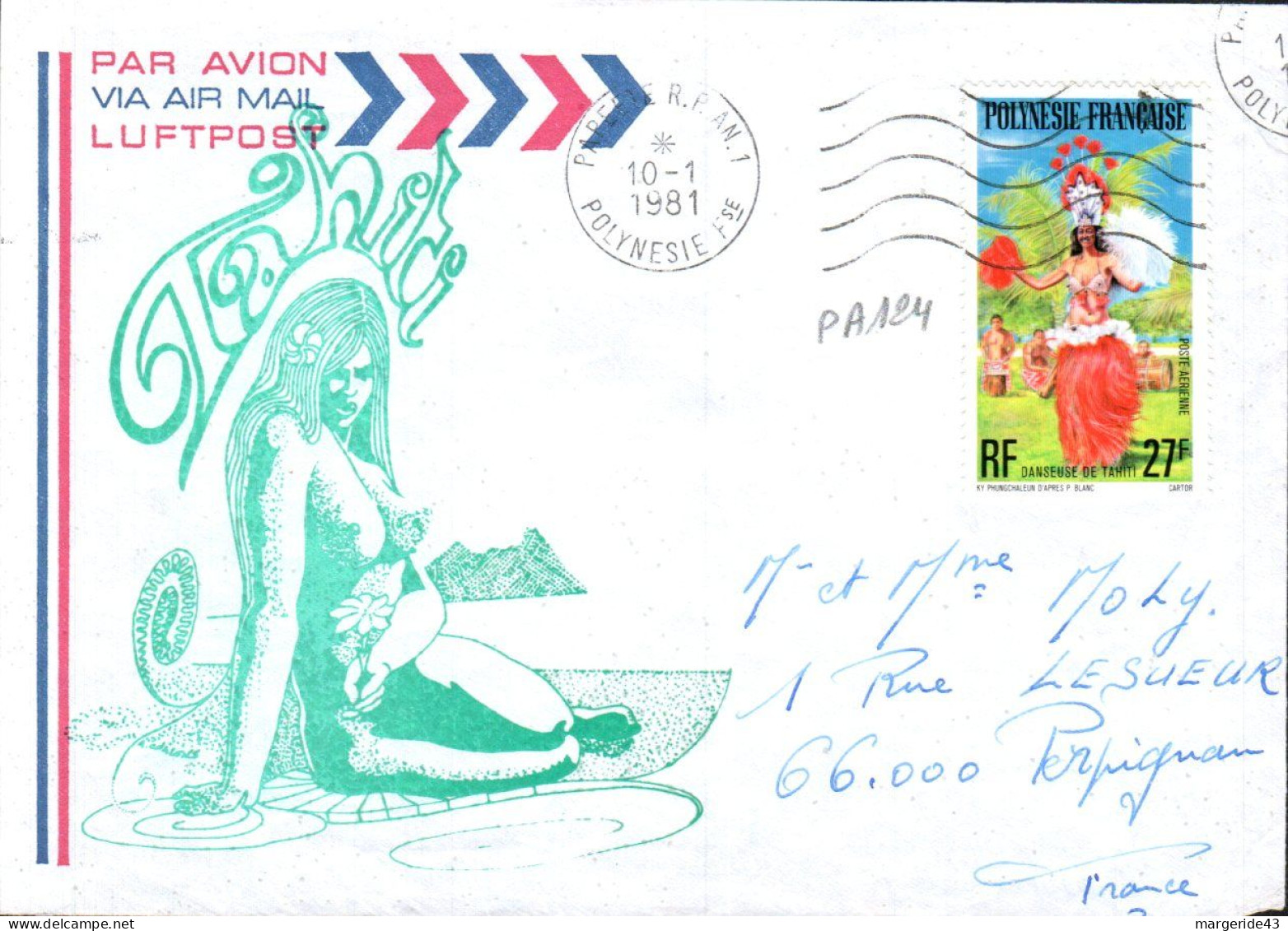 POLYNESIE SEUL SUR LETTRE POUR LA FRANCE 1981 - Storia Postale
