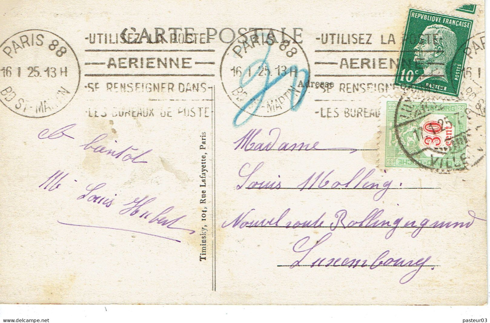 Tarifs Postaux Etranger Du 01-04-1924 (69) Pasteur N° 170 10 C. + Taxe 30 C. C.P.assimilé Imprimés Pour Luxembourg RARE - 1922-26 Pasteur