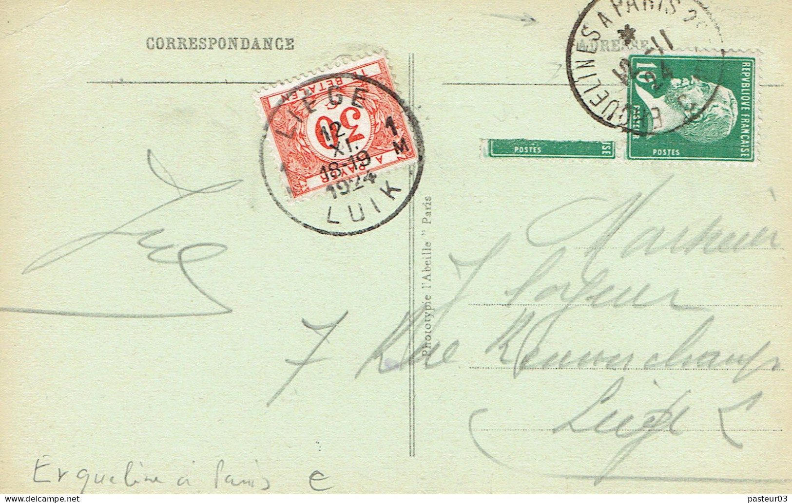 Tarifs Postaux Etranger Du 01-04-1924 (69) Pasteur N° 170 10 C. + Taxe 30 C.Belgique  C.P.assimilé Imprimés 12-11-1924 - 1922-26 Pasteur