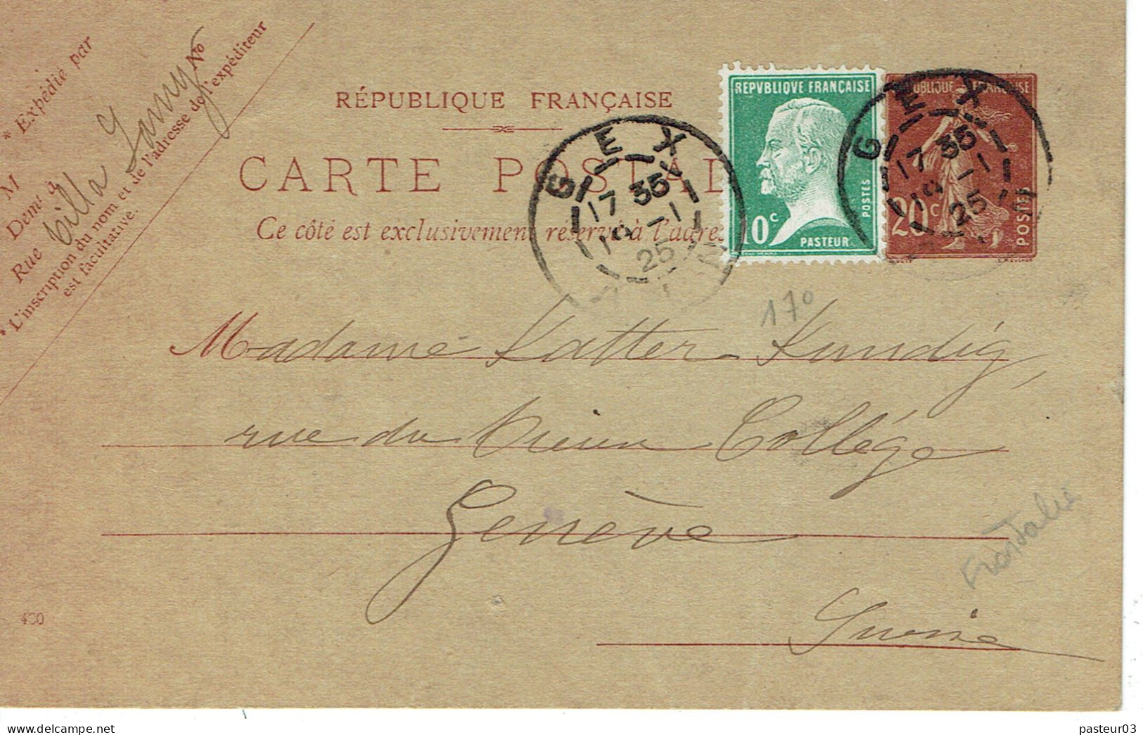 Tarifs Postaux Etranger Du 01-04-1924 (73) Pasteur N° 170 10 C. Sur Entier Semeuse 20c. Tarif Frontalier Suisse 19-01-19 - 1922-26 Pasteur