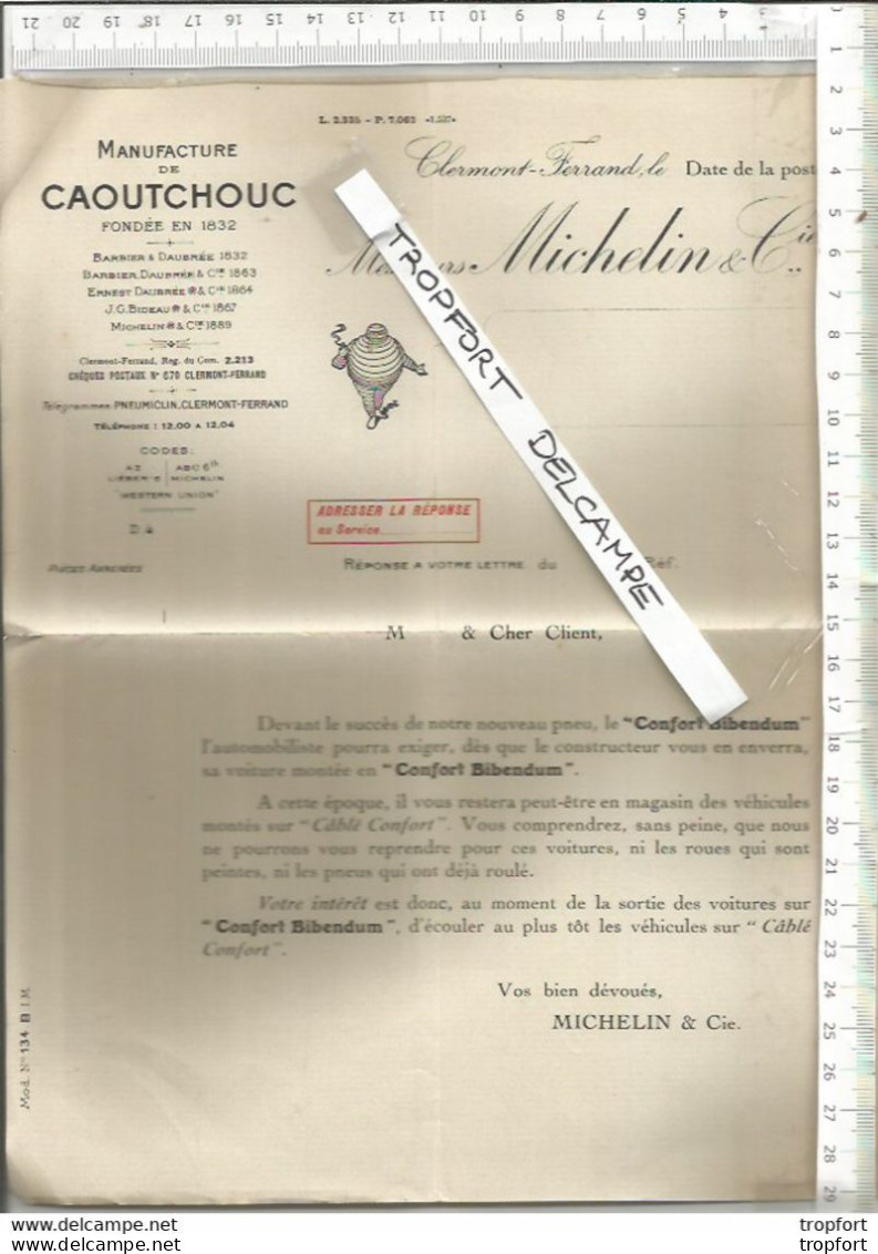 XV // Papier Entête Ancien FACTURE MICHELIN BIBENDUM Clermont Ferrand // Caoutchouc  Format A4 - Programma's