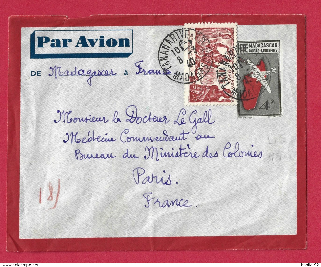 !!! MADAGASCAR, LETTRE PAR AVION DE TANANARIVE POUR PARIS DE 1940 - Poste Aérienne