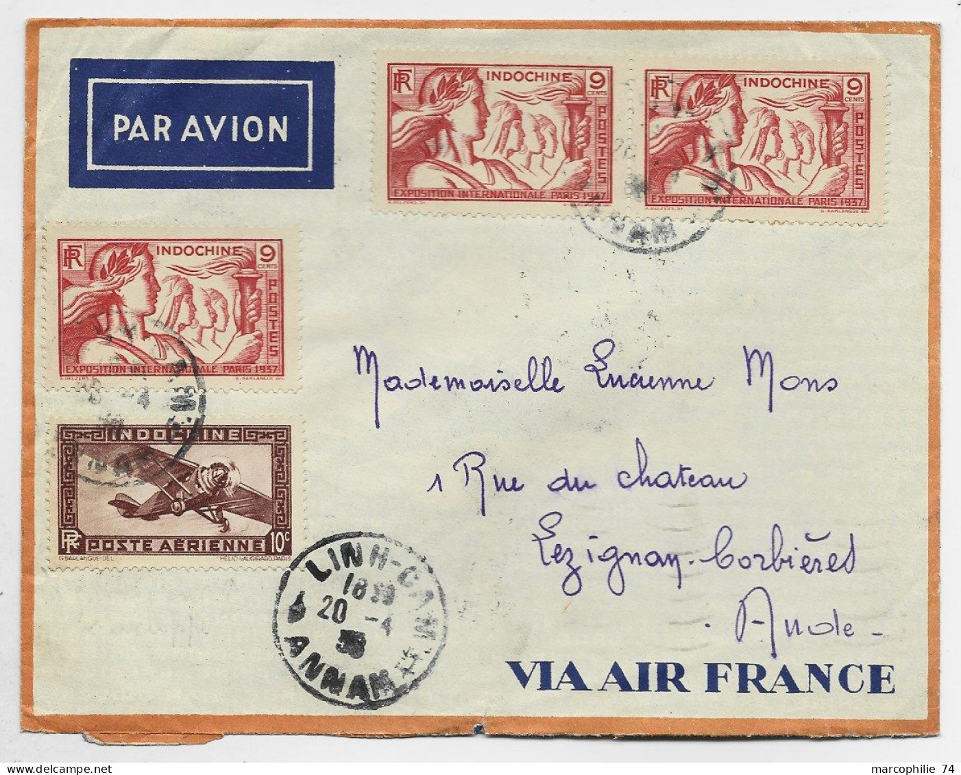 INDOCHINE 9C ROUGEX3+ PA10C LETTRE COVER AIR FRANCE  LINH CAM 20.4.1938 ANNAM TO FRANCE - Storia Postale