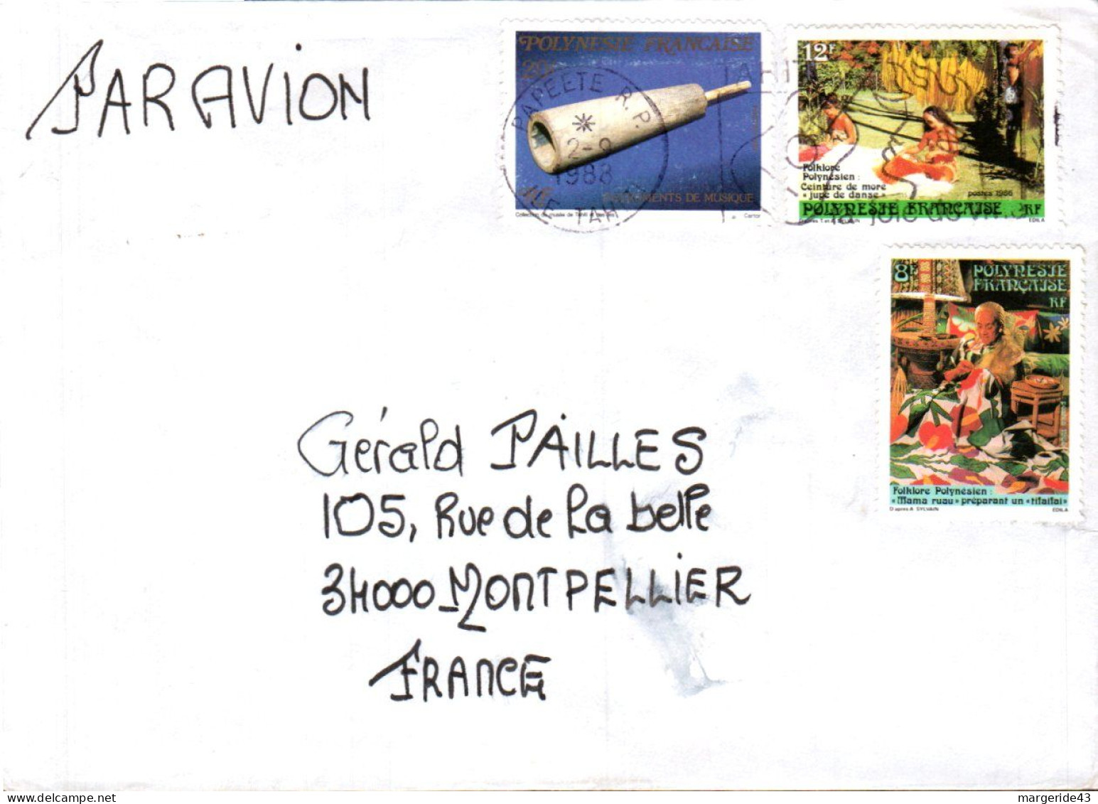 POLYNESIE AFFRANCHISSEMENT COMPOSE SUR LETTRE POUR LA FRANCE 1988 - Cartas & Documentos