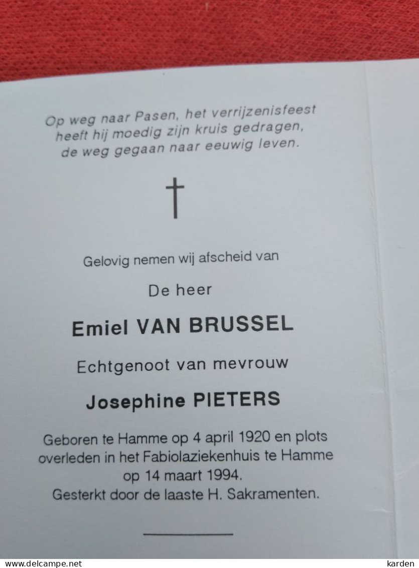 Doodsprentje Emiel Van Brussel / Hamme 4/4/1920 - 14/3/1994 ( Josephine Pieters ) - Religion &  Esoterik