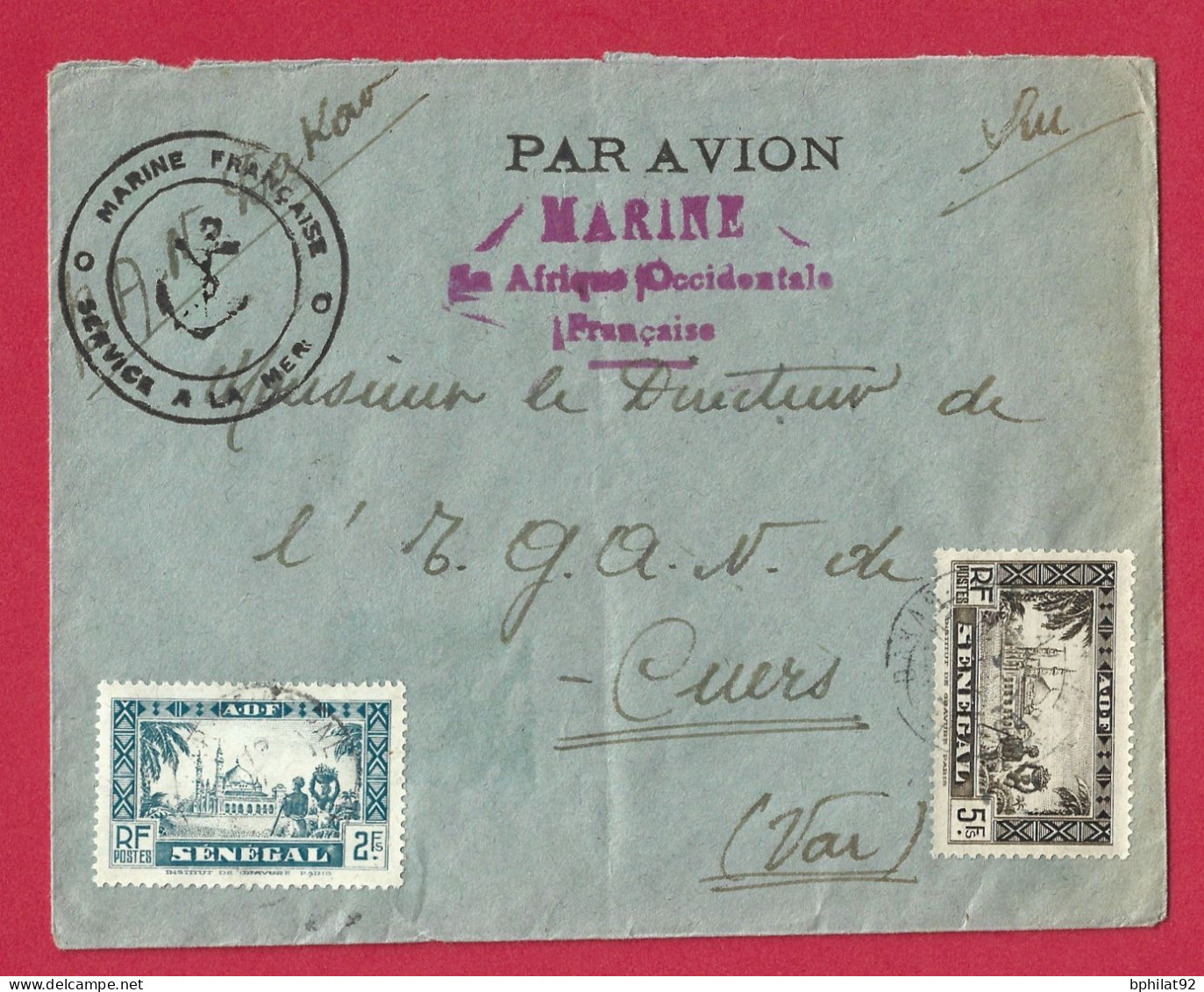 !!! SÉNÉGAL, LETTRE FM PAR AVION DE LA BASE AÉRONAVALE DE DAKAR POUR LA FRANCE AVEC CACHET DE LA MARINE FRANÇAISE EN AOF - Storia Postale