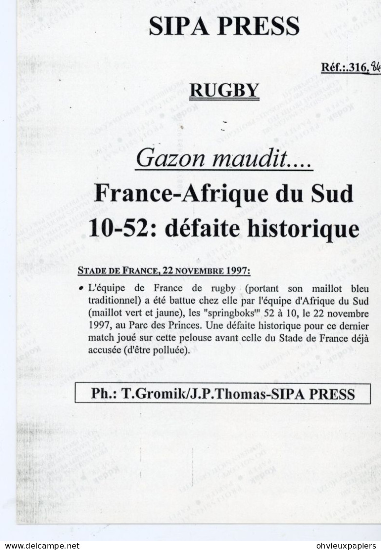 lot de 6 photos RUGBY  GAZON-MAUDIT  défaite historique AFRIQUE DU SUD  SPRINGBOKS FRANCE  10-52 1998 SIPA PRESS