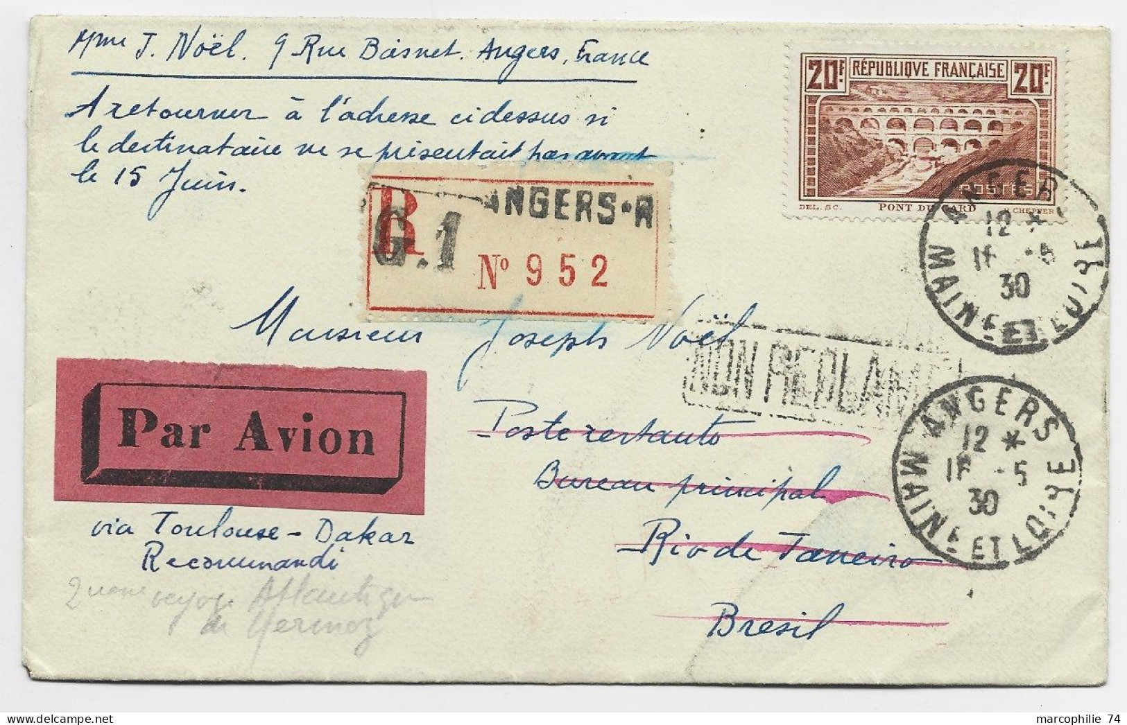 FRANCE PONT DU GARD 20FR SEUL LETTRE REC AVION ANGERS 16.5.1930 POUR BRESIL VIA TOULOUSE DAKAR PAR MERMOZ - 1927-1959 Storia Postale