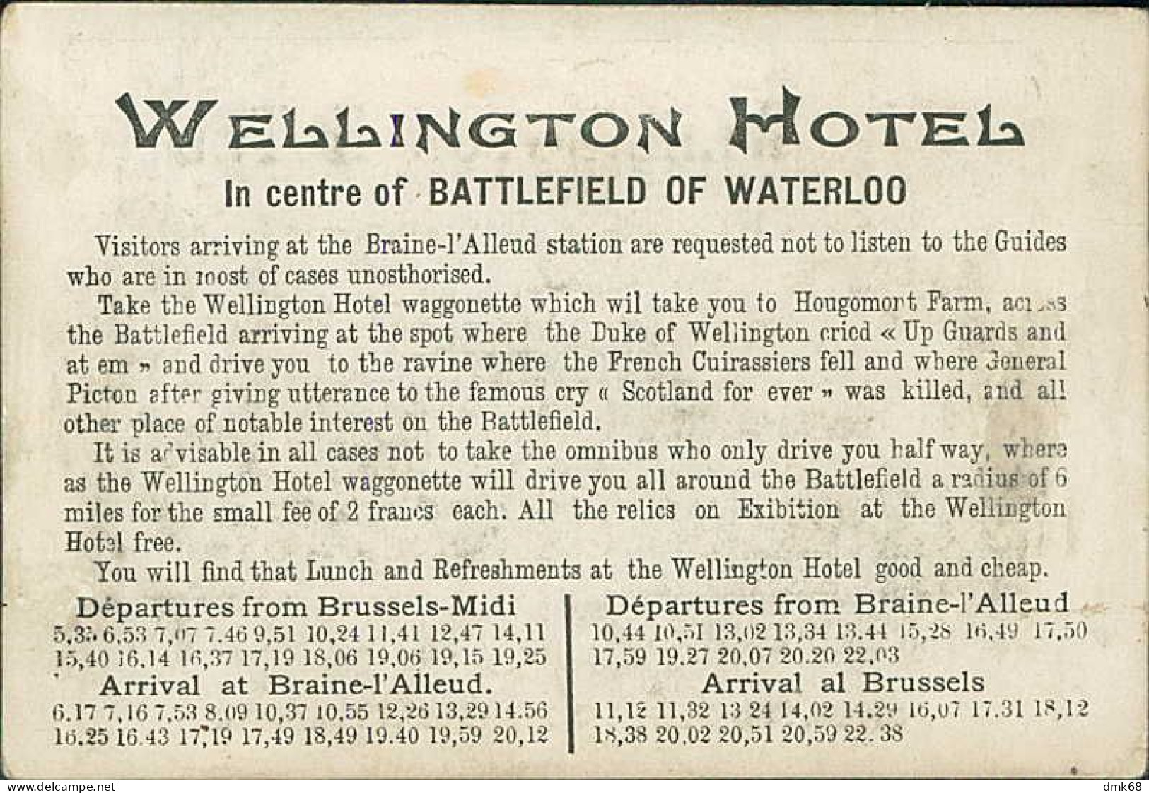 WATERLOO - WELLINGTON HOTEL - IN CENTRE OF BATTLEFIELD OF WATERLOO - ADVERTISING CARD ( CM13,5/ CM 9 ) 1890s (18336) - Werbung