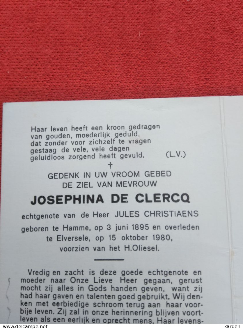 Doodsprentje Josephina De Clercq / Hamme 3/6/1895 Elversele 15/10/1980 ( Jules Christiaens ) - Religion & Esotericism