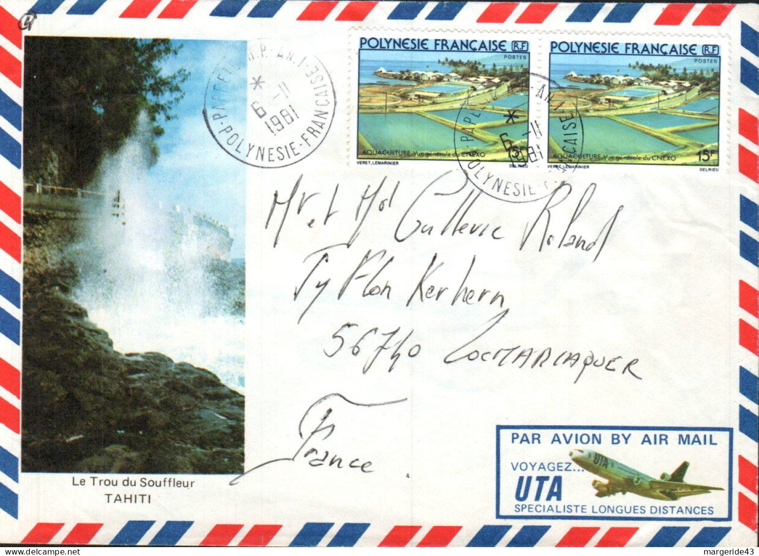 POLYNESIE AFFRANCHISSEMENT COMPOSE SUR LETTRE POUR LA FRANCE 1981 - Storia Postale