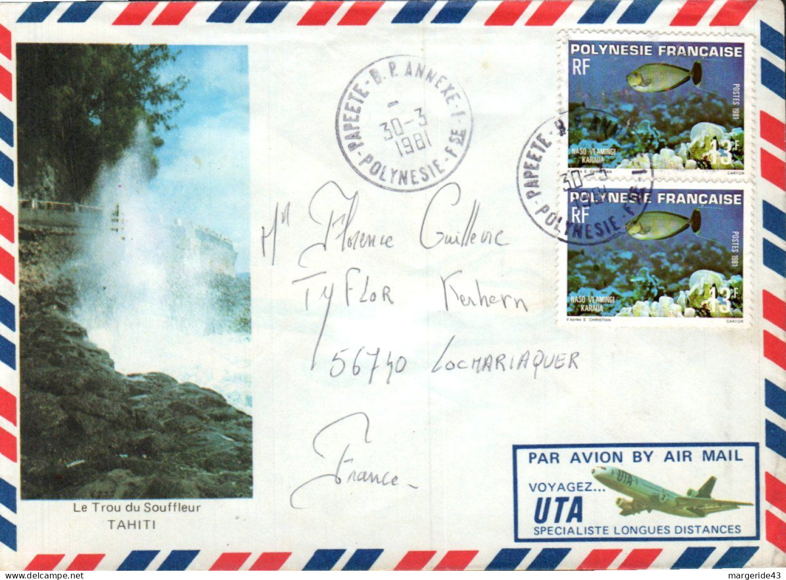 POLYNESIE AFFRANCHISSEMENT COMPOSE SUR LETTRE POUR LA FRANCE 1981 - Covers & Documents