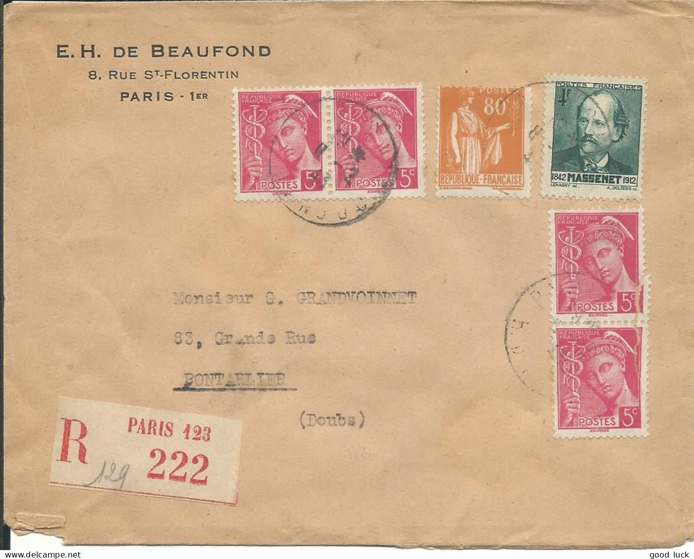 FRANCE LETTRE RECOMMANDEE 5F PARIS POUR PONTARLIER ( DOUBS ) DE 1943 LETTRE COVER - 1921-1960: Moderne