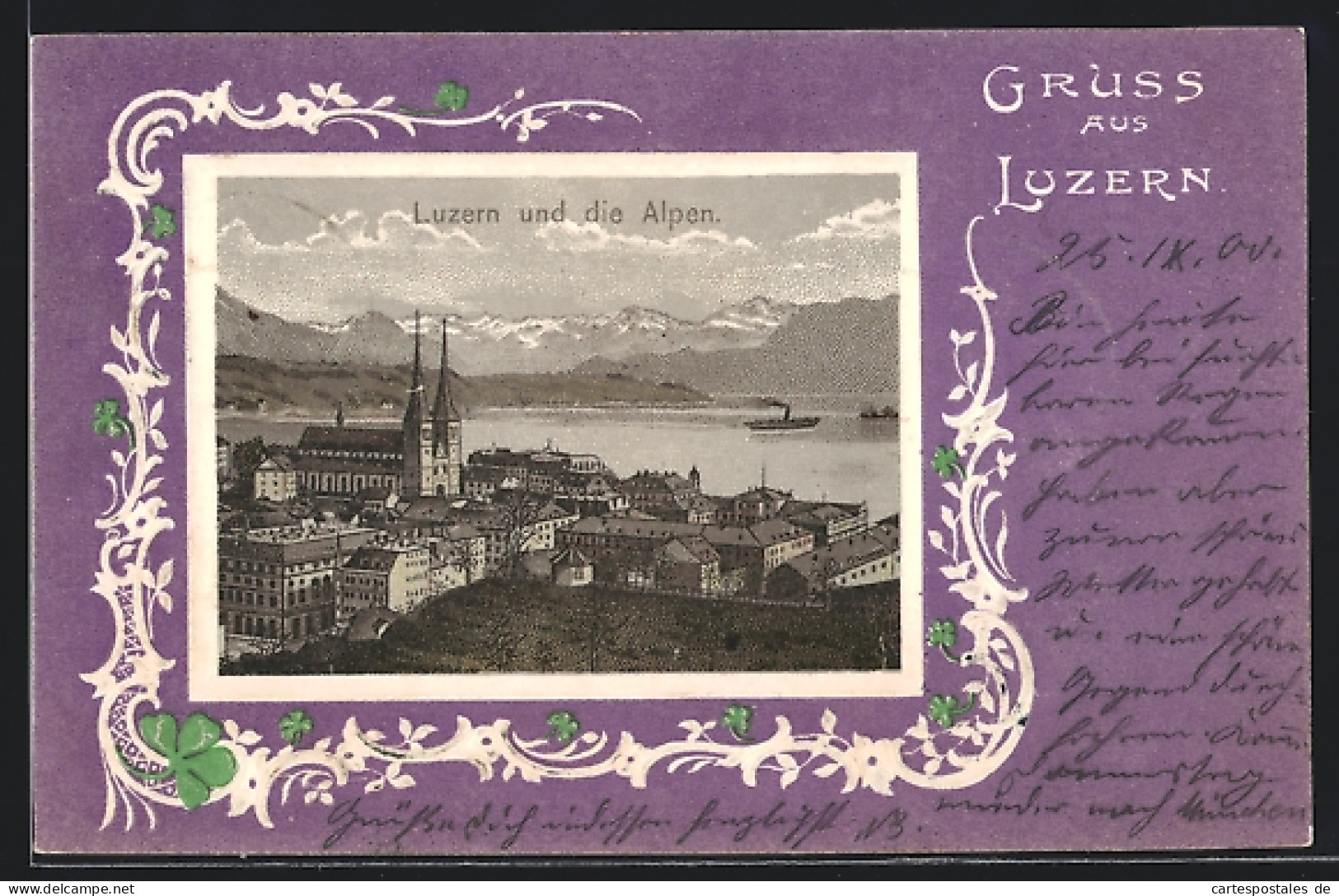 Lithographie Luzern, Ortsansicht Gegen Die Alpen, Im Geprägten Passepartout  - Lucerne