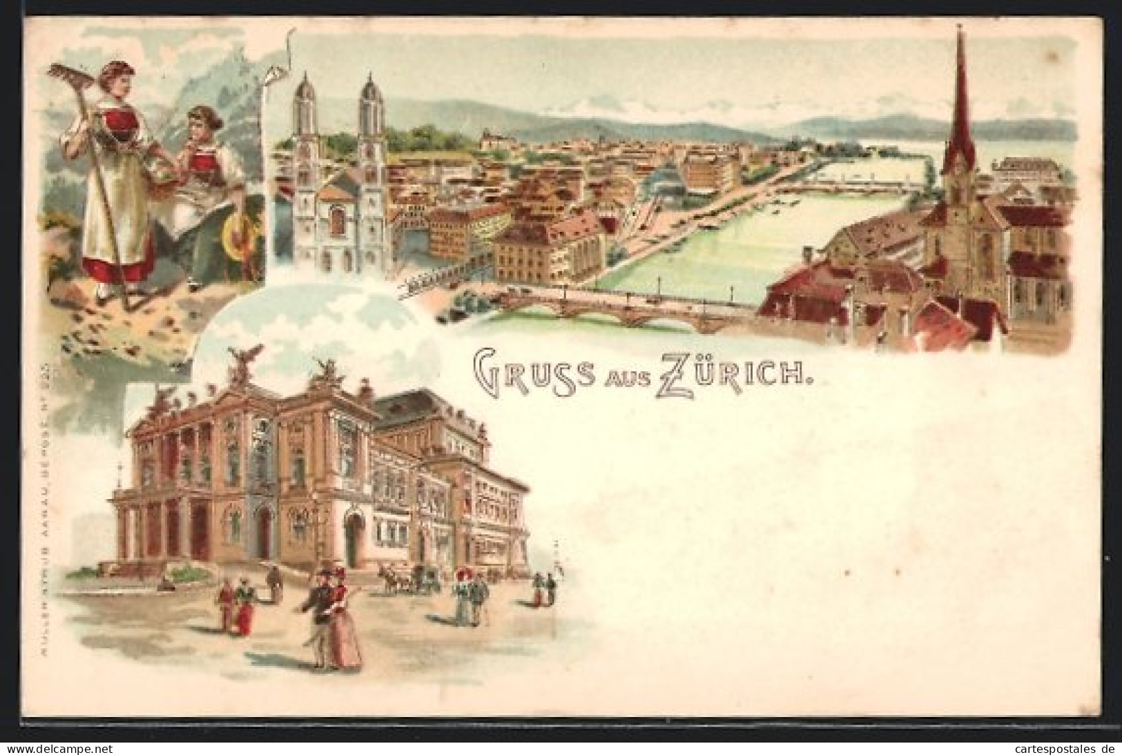 Lithographie Zürich, Rathaus Und Flusspartie In Der Stadt  - Autres & Non Classés