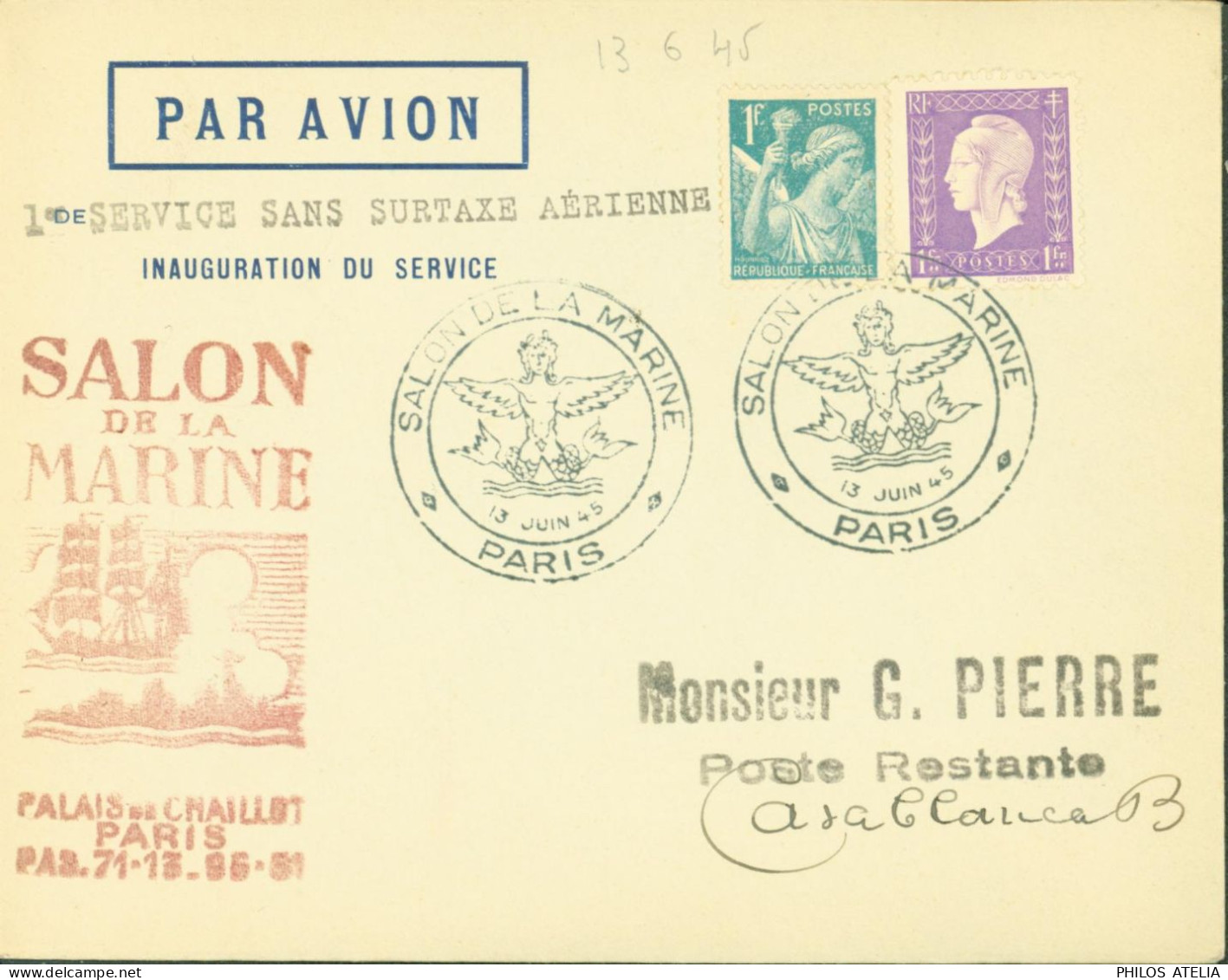 Par Avion Cachet 1er Service Sans Surtaxe Aérienne Inauguration Du Service Enveloppe + Cachet Salon De La Marine - 1927-1959 Briefe & Dokumente