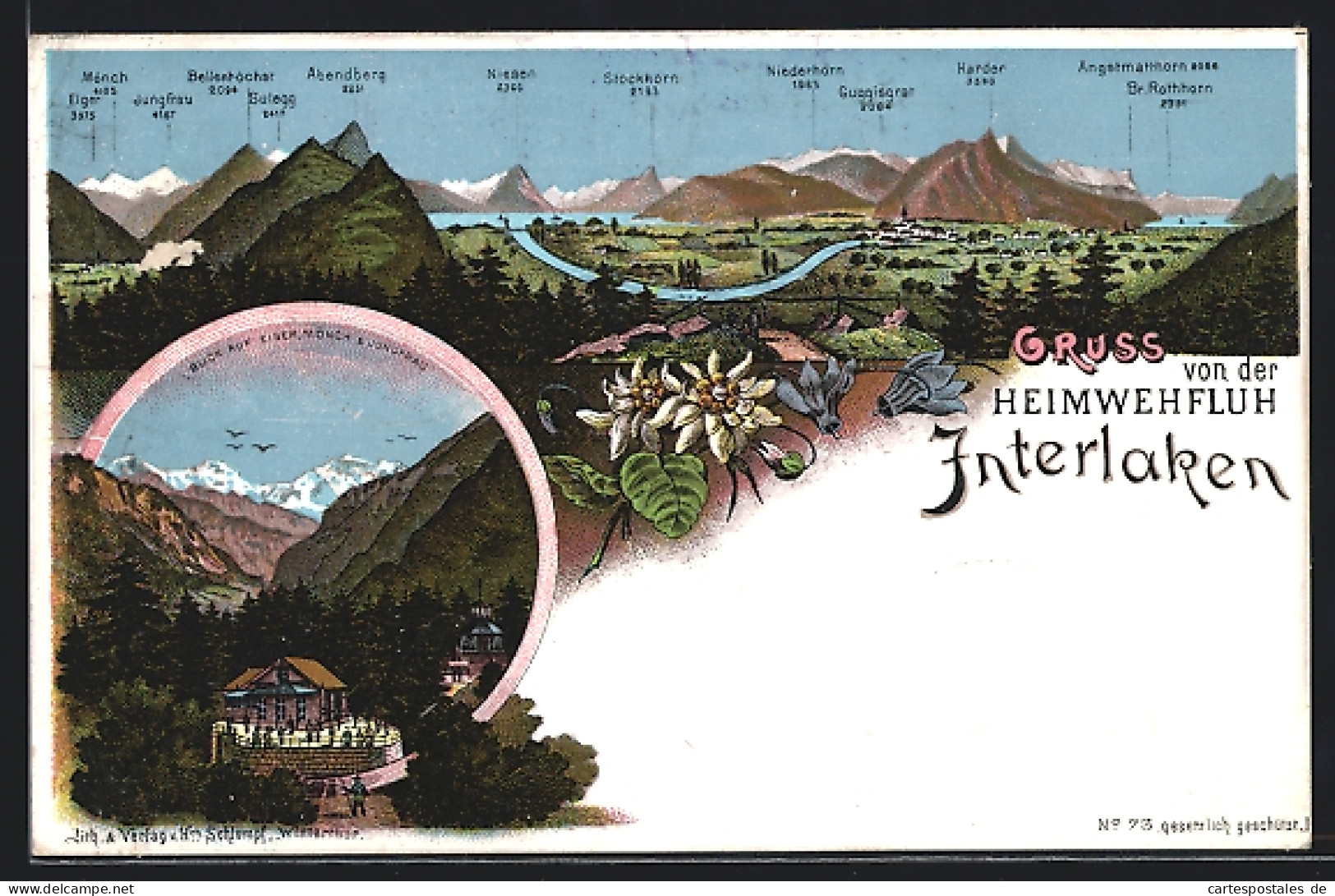 Lithographie Interlaken, Ortspanorama Mit Gebirgskette  - Interlaken