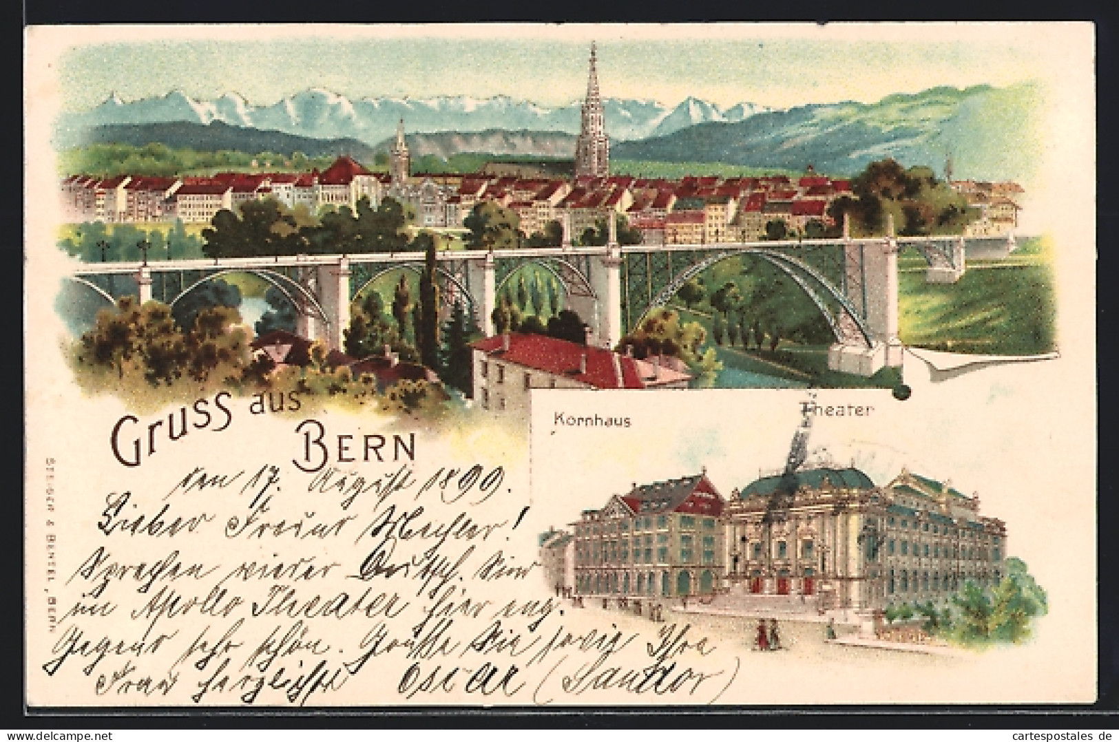 Lithographie Bern, Kornhaus Und Theater, Ortsansicht über Das Viadukt  - Bern