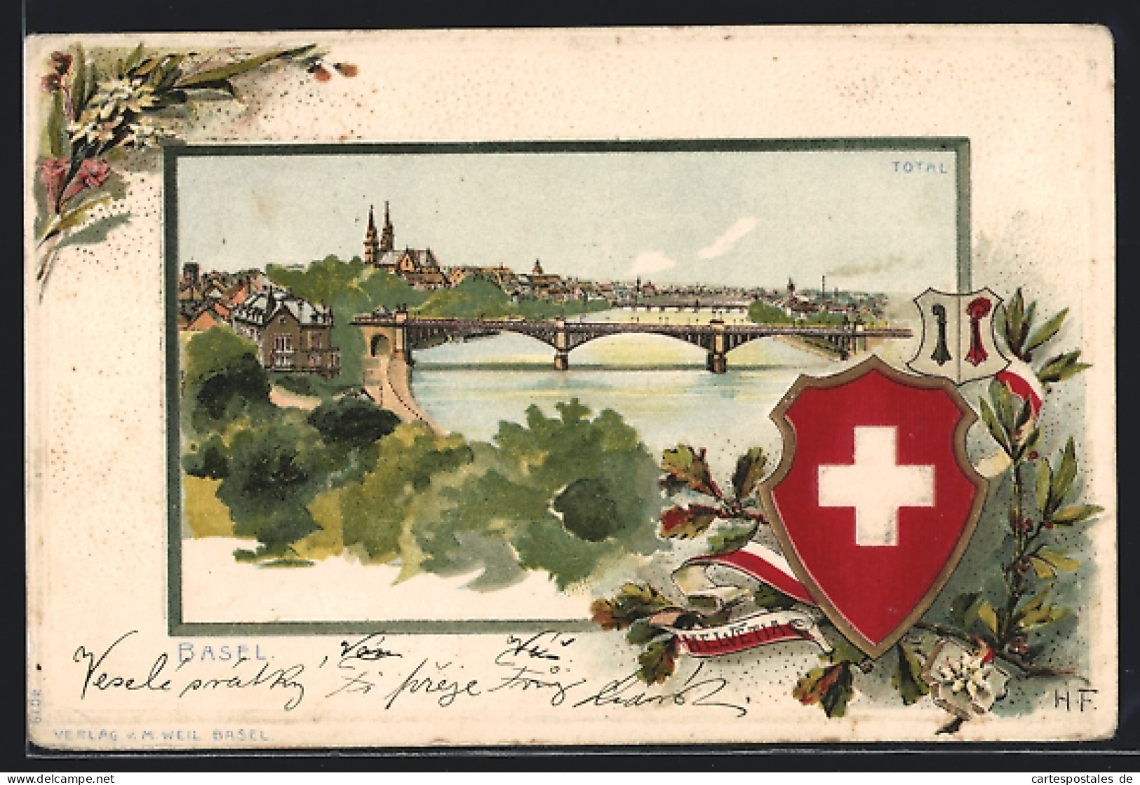 Passepartout-Lithographie Basel, Totalansicht Mit Flusspartie, Wappen  - Bazel
