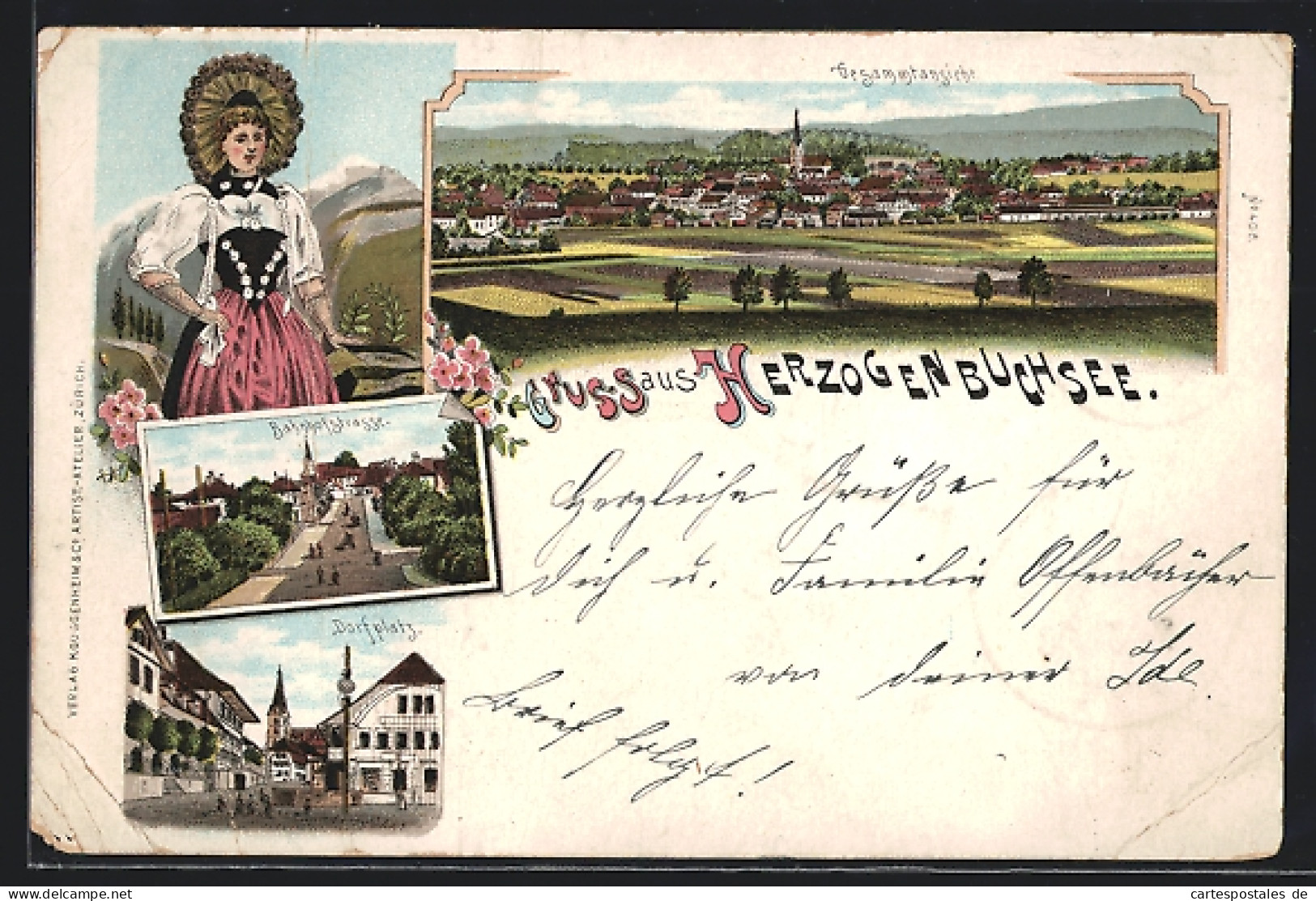 Lithographie Herzogenbuchsee, Bahnhofstrasse, Dorfplatz, Frau In Tracht, Gesamtansicht  - Herzogenbuchsee