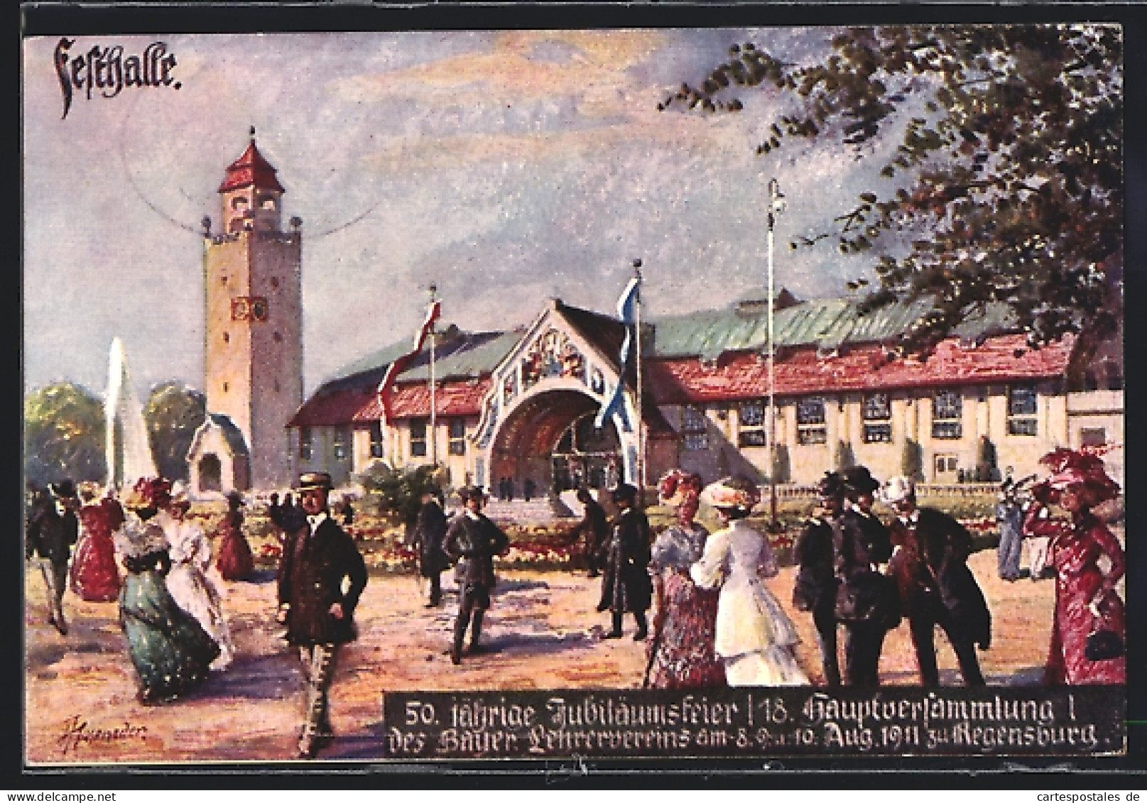 Künstler-AK Regensburg, 50. Jähr. Jubiläumsfeier Und 18. Hauptversammlung Des Bayer. Lehrervereins 1911, Festhalle  - Regensburg