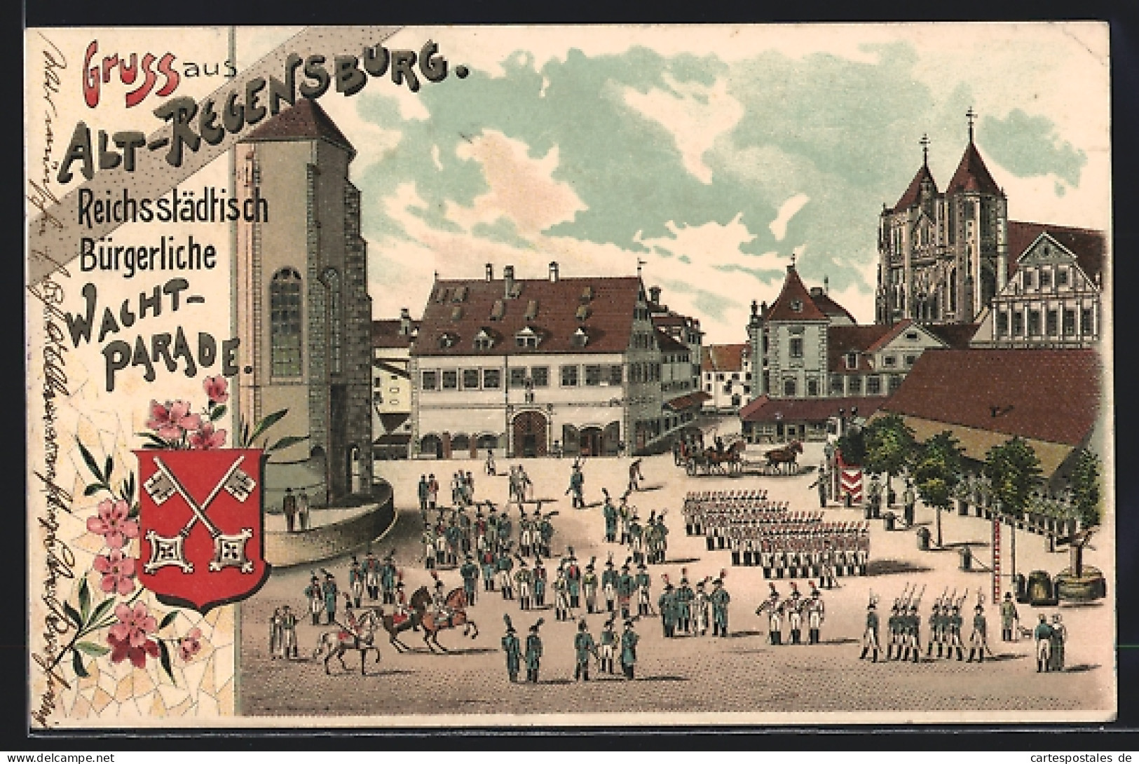 Lithographie Regensburg, Reichsstädtische Bürgerliche Wacht-Parade, Wappen  - Regensburg