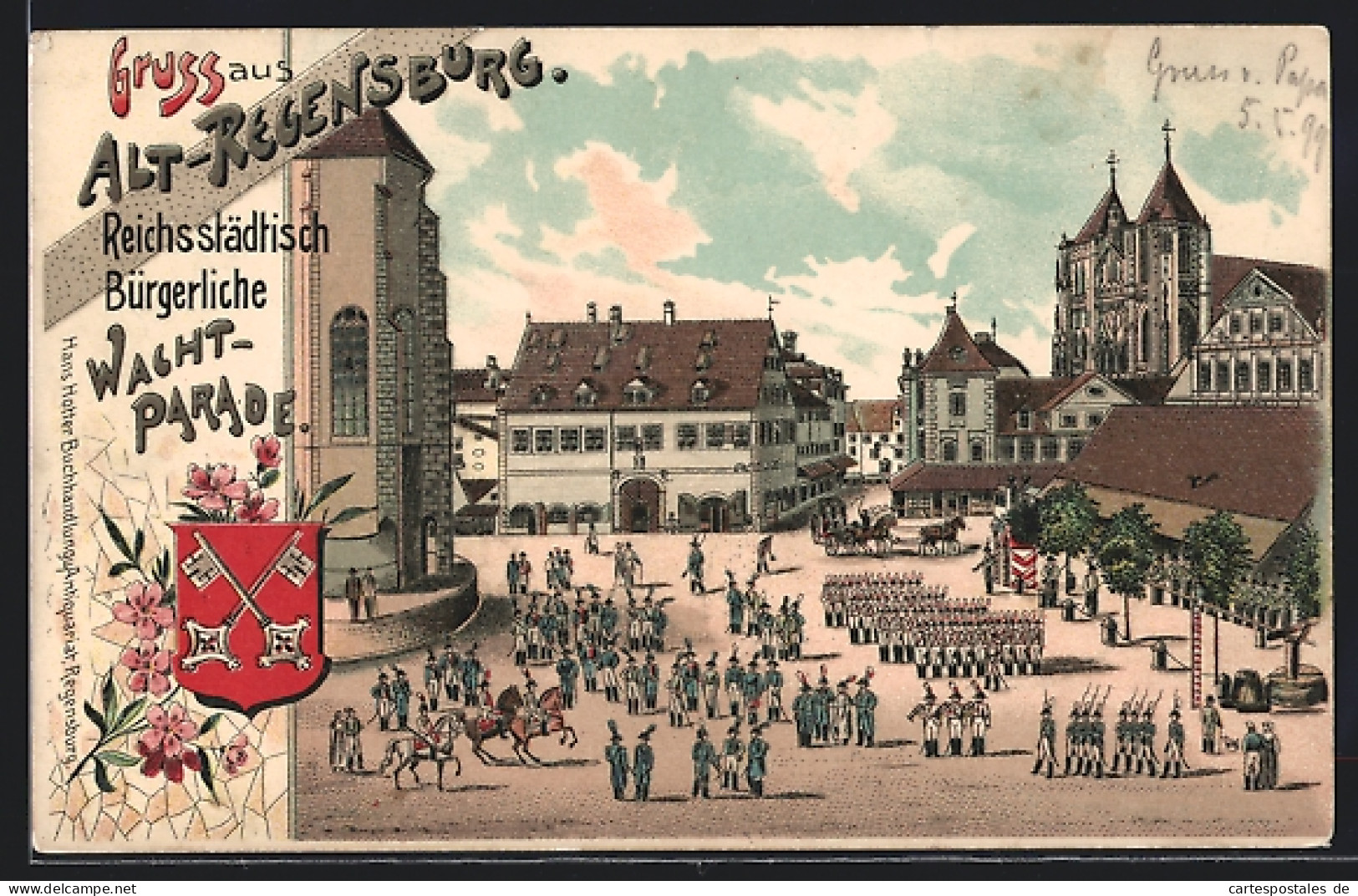 Lithographie Regensburg, Reichsstädtische Bürgerliche Wacht-Parade, Wappen  - Regensburg