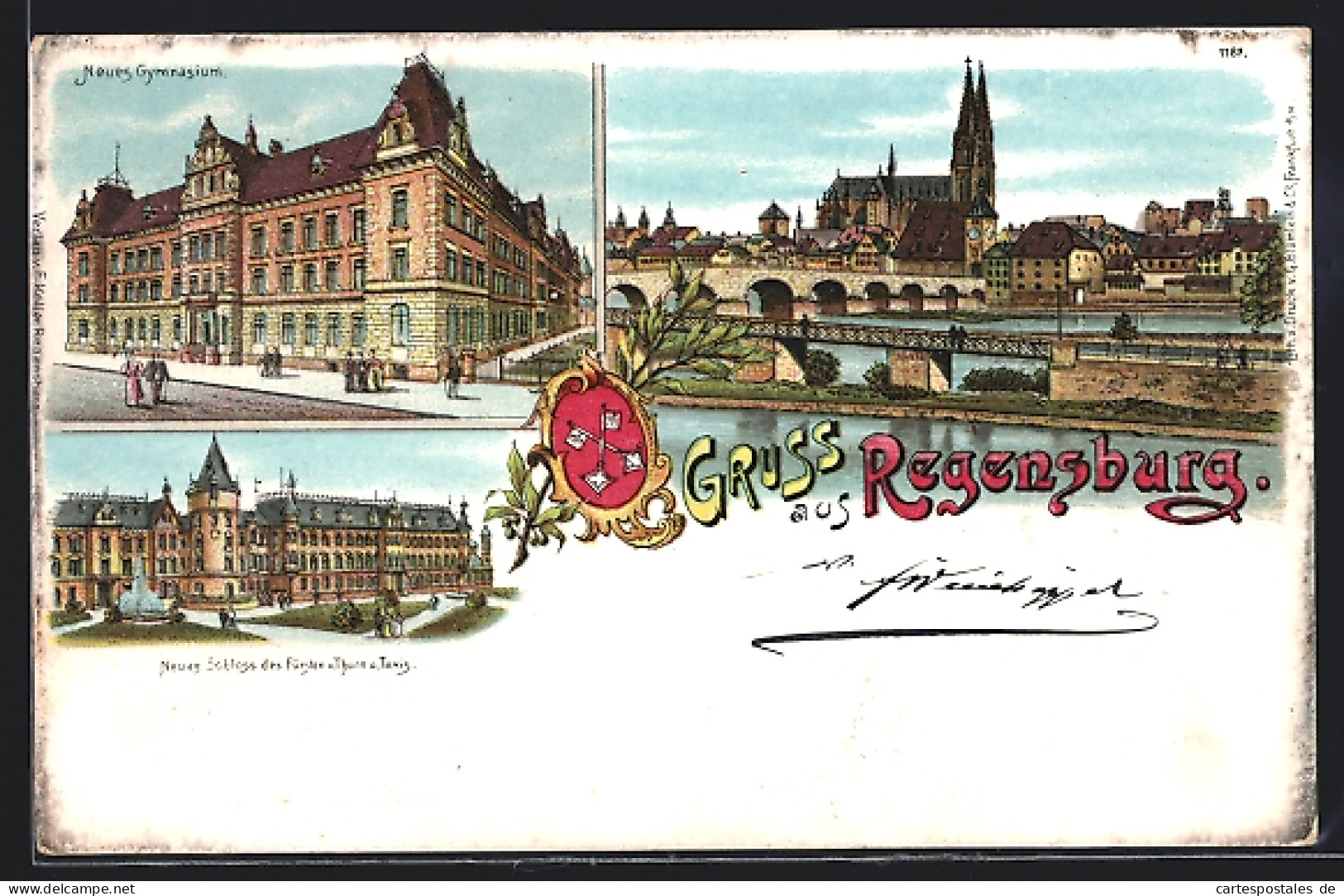 Lithographie Regensburg, Neues Schloss, Neues Gymnasium, Ortsansicht Mit Kirche  - Regensburg