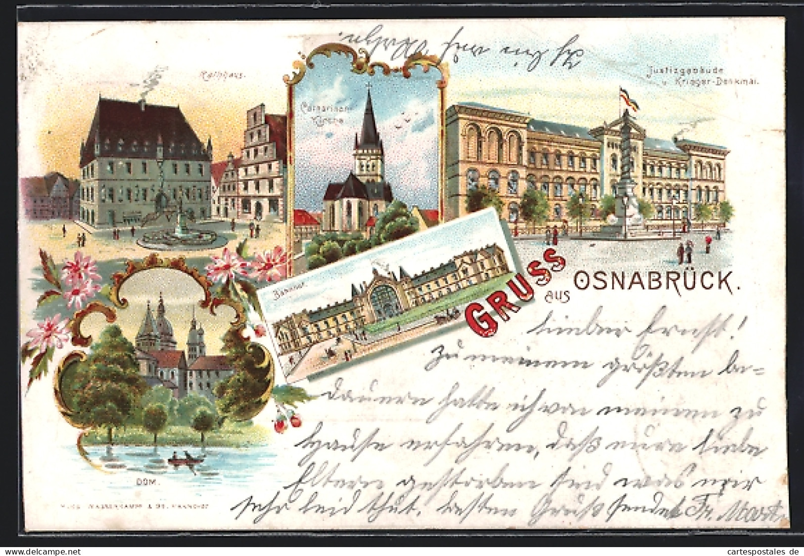 Lithographie Osnabrück, Rathaus, Catharinenkirche, Justizgebäude Und Dom  - Osnabrueck