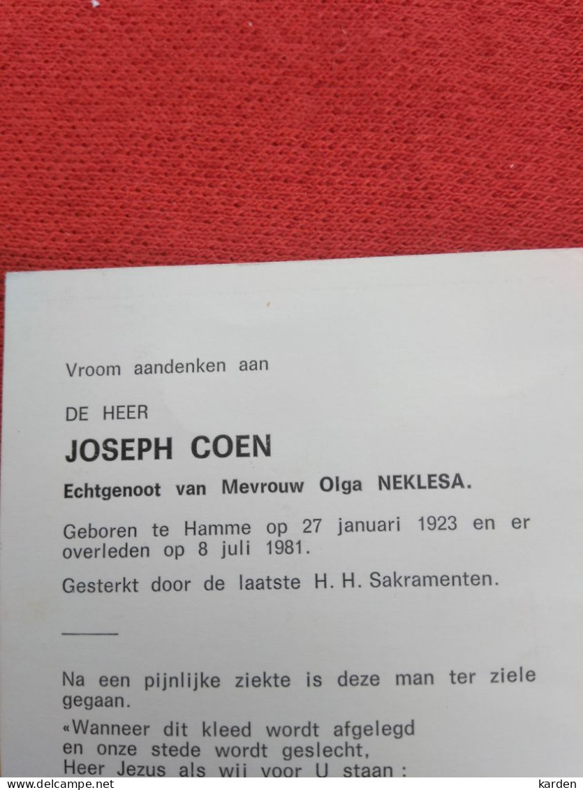 Doodsprentje Joseph Coen / Hamme 27/1/1923 - 8/7/1981 ( Olga Neklesa ) - Religione & Esoterismo