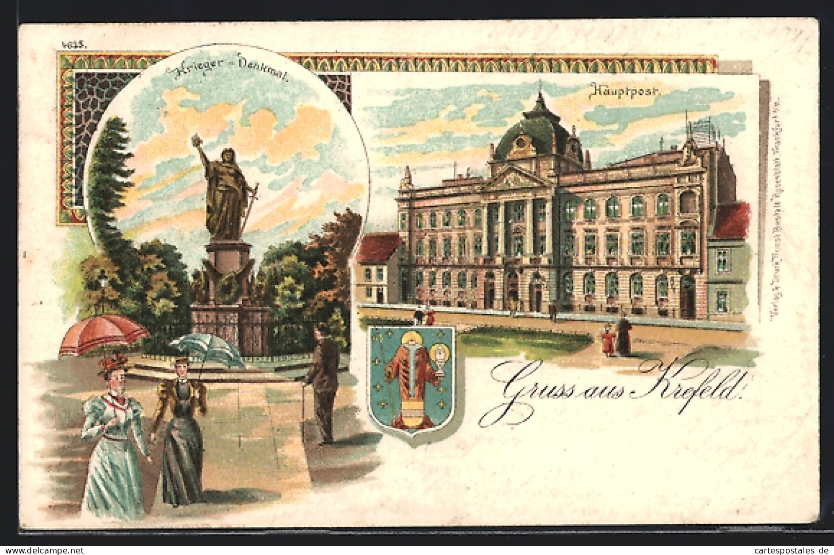 Lithographie Krefeld, Hauptpost Und Kriegerdenkmal  - Krefeld