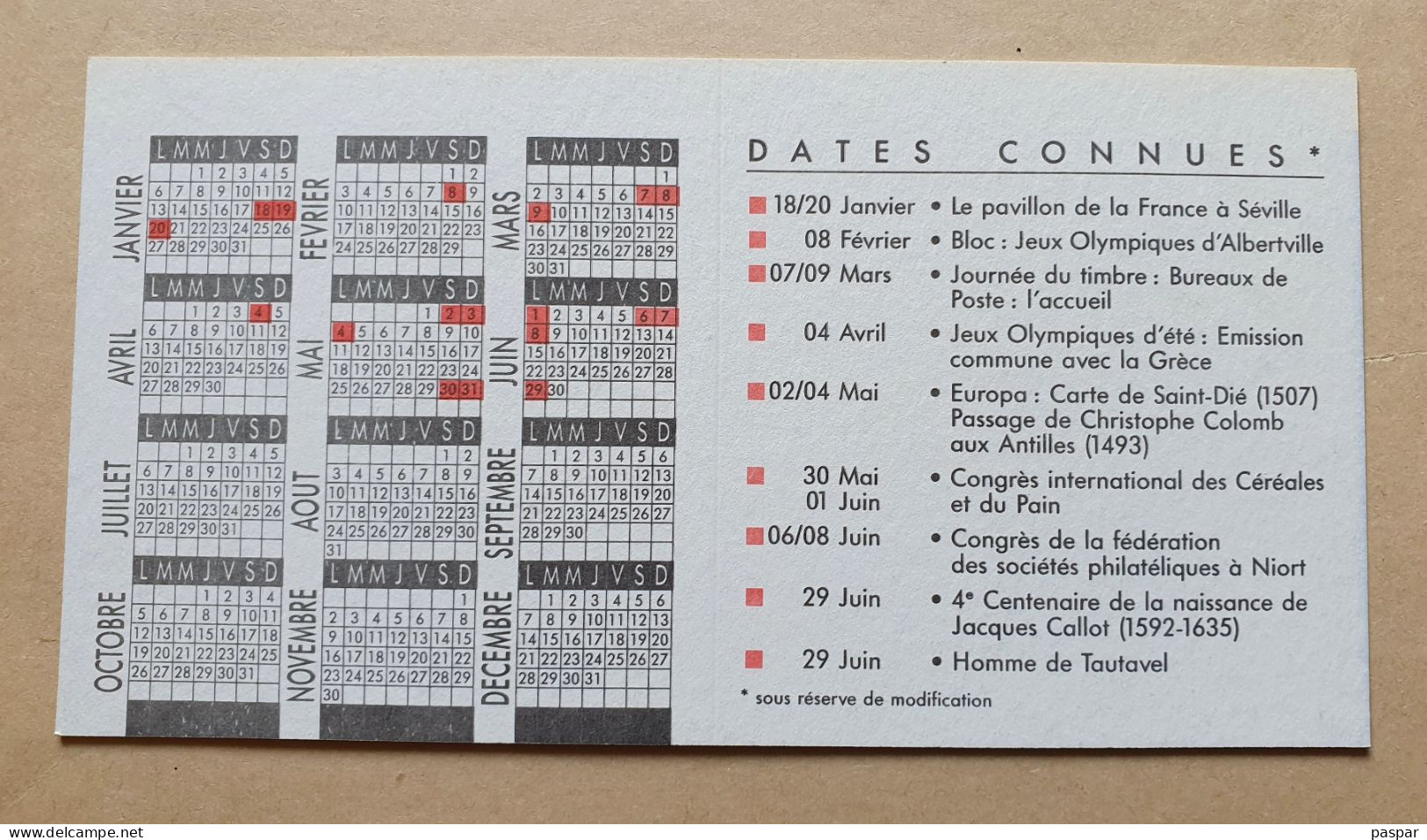 Calendrier Prévisionnel Des émissions Philatéliques 1992 - La Poste - Documents De La Poste