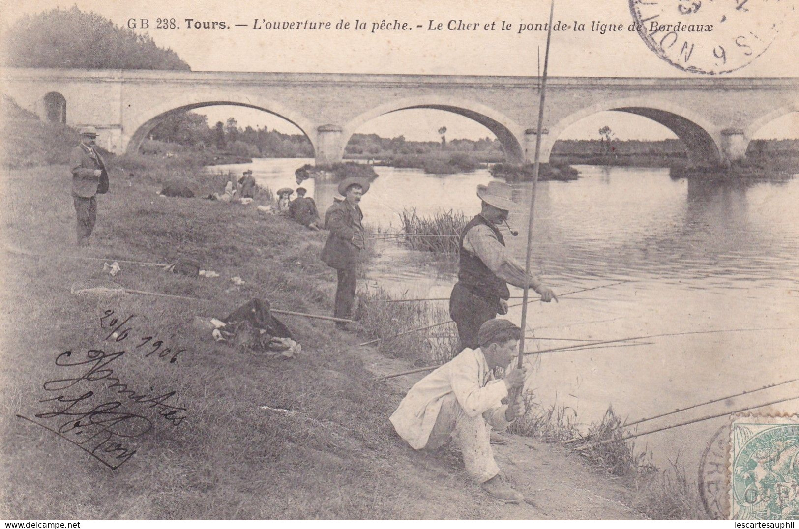 Très Animée Ouverture De La Pêche Le Cher Et Le Pont De La Ligne De Bordeaux 1906 Top - Tours