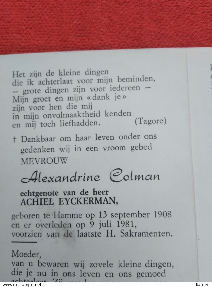 Doodsprentje Alexandrine Colman / Hamme 13/9/1908 - 9/7/1981 ( Achiel Eyckerman ) - Religion & Esotérisme