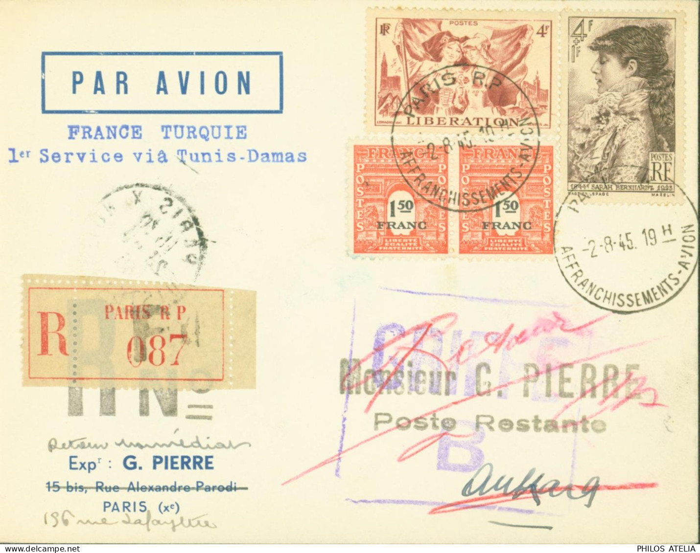 Recommandé Paris Par Avion France Turquie 1er Service Via Tunisie Damas CAD Paris RP Affranchissement Avion 2 8 45 - 1927-1959 Storia Postale