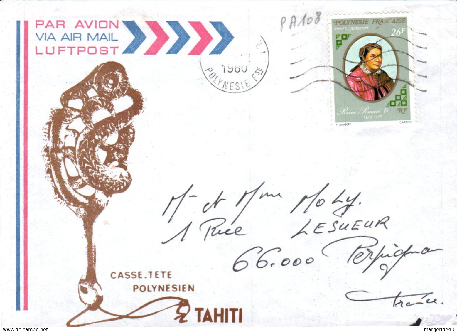 POLYNESIE SEUL SUR LETTRE POUR LA FRANCE 1980 - Storia Postale