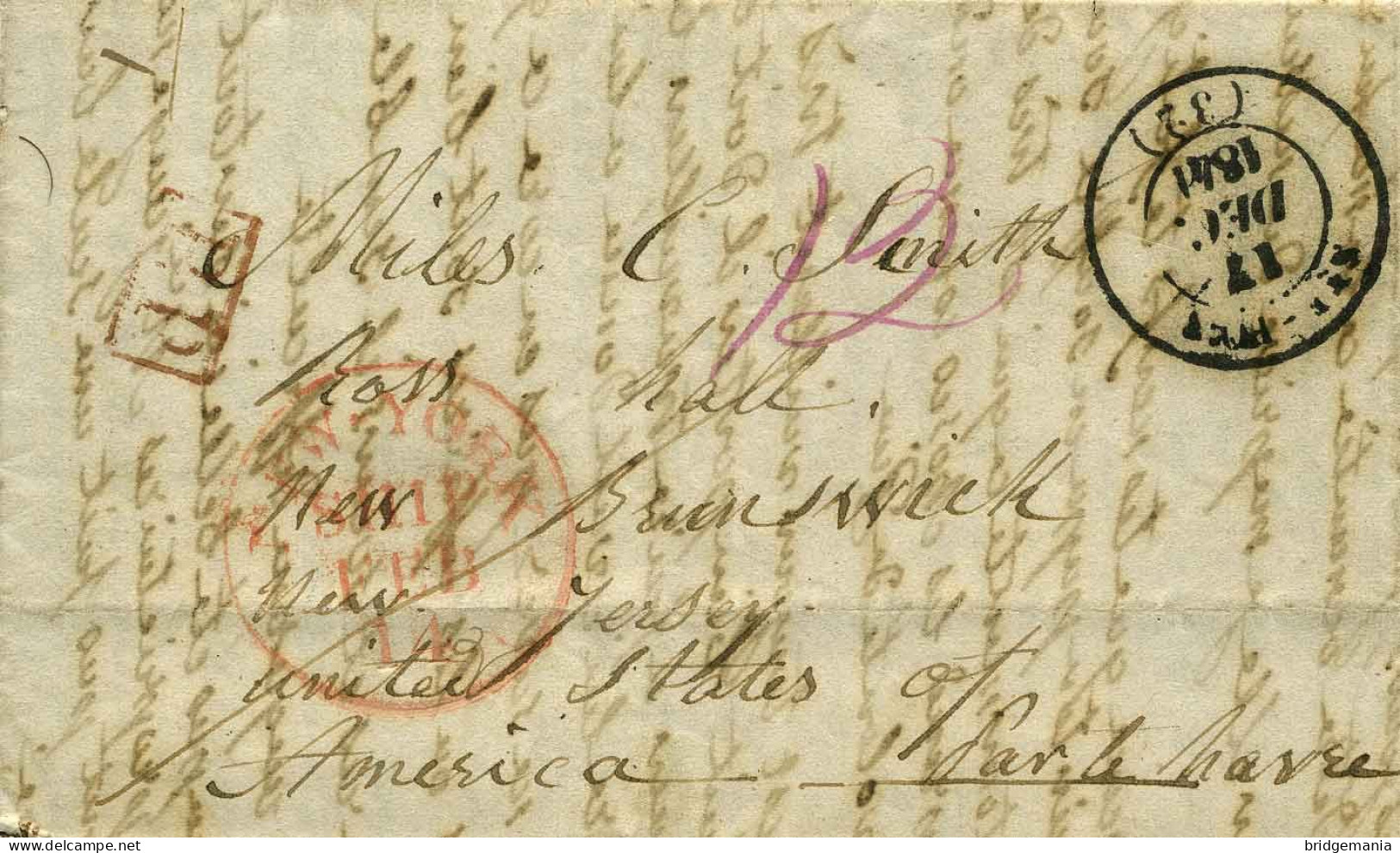 MTM119 - 1841 TRANSATLANTIC LETTER FRANCE TO USA NON-CONTRACT STEAM. SIMPLE RATE - Storia Postale